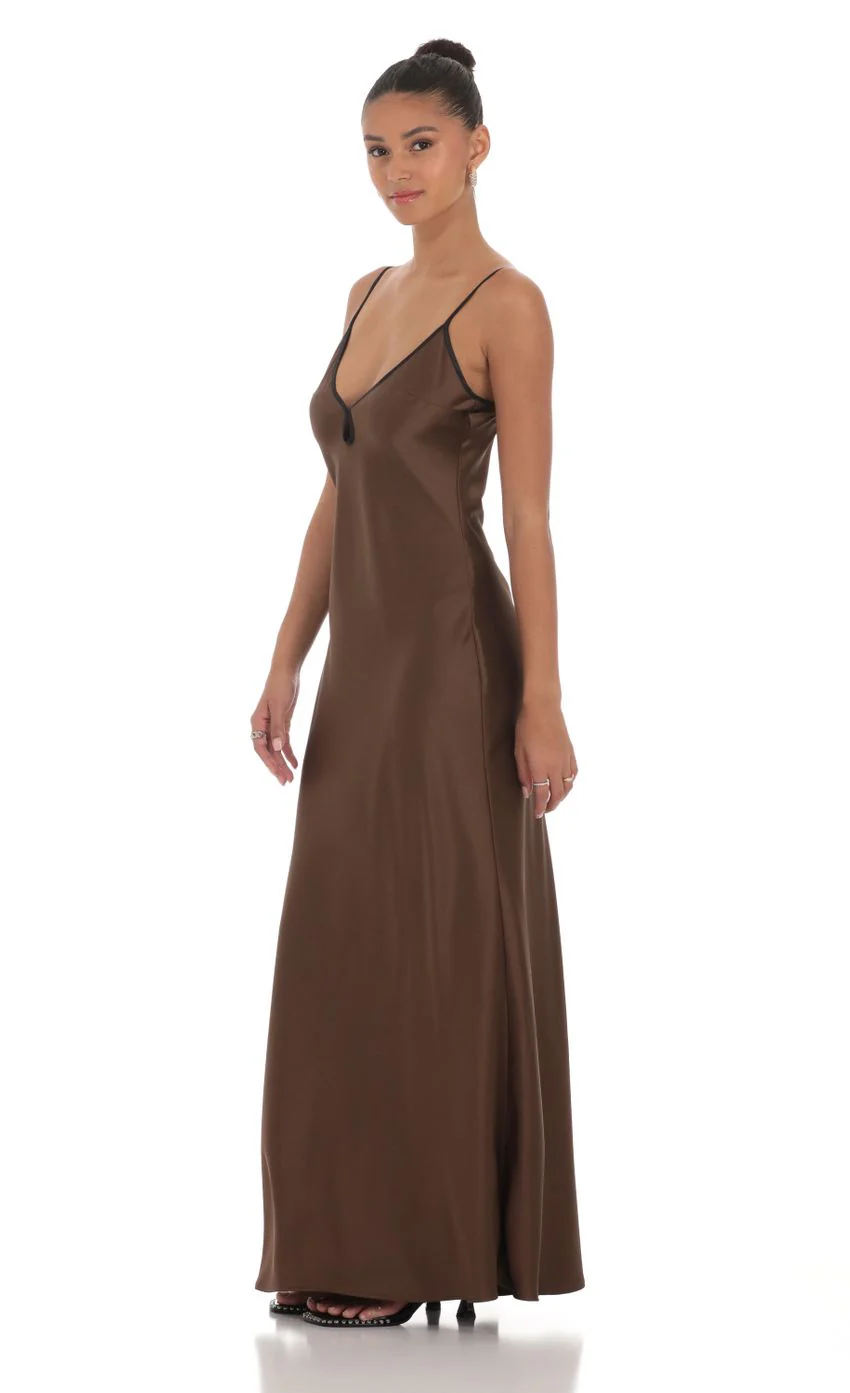 Satin Shift Maxi Dress in Brown