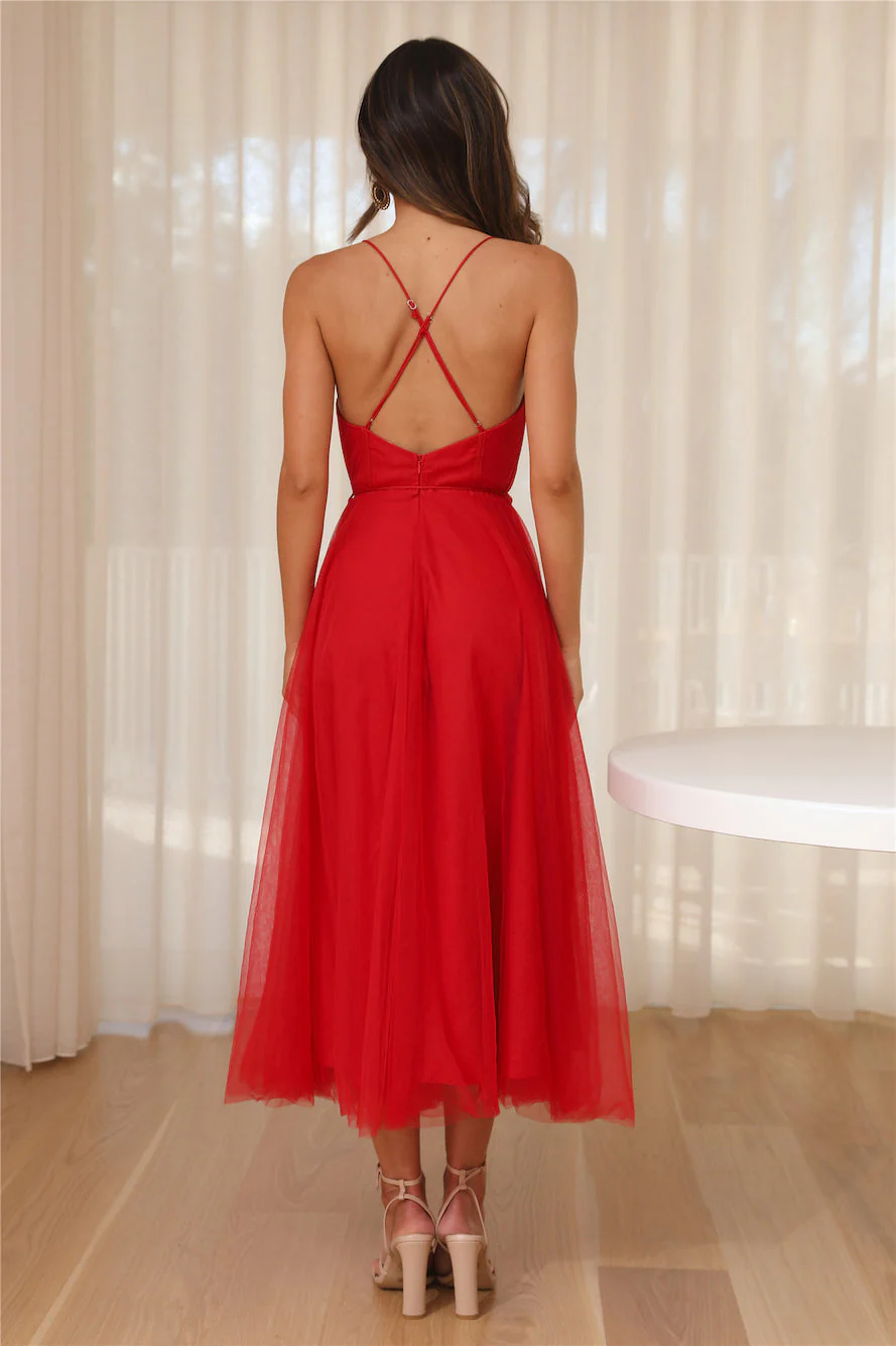 Wandering In The Light Tulle Midi Dress Red