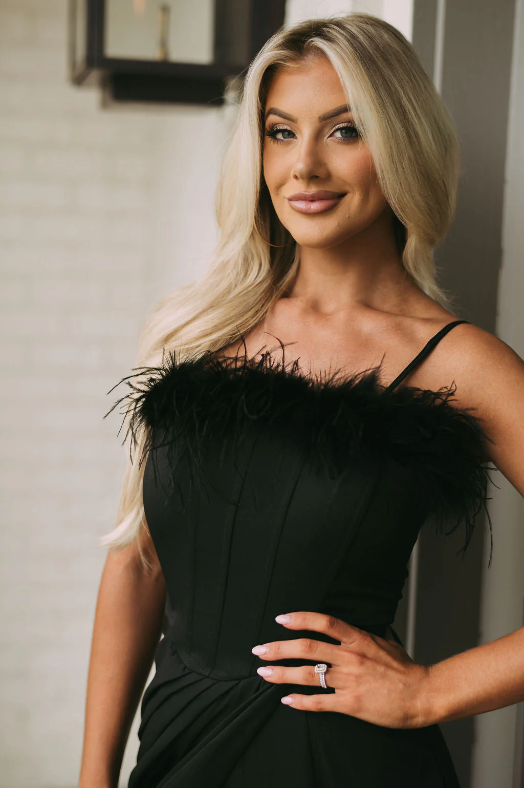 Feather Trim Overlay Midi Dress