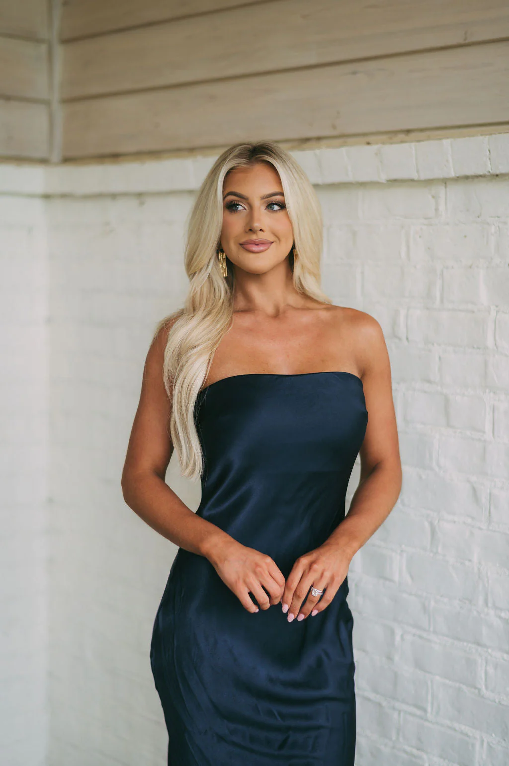 Satin Strapless Midi DressNavy