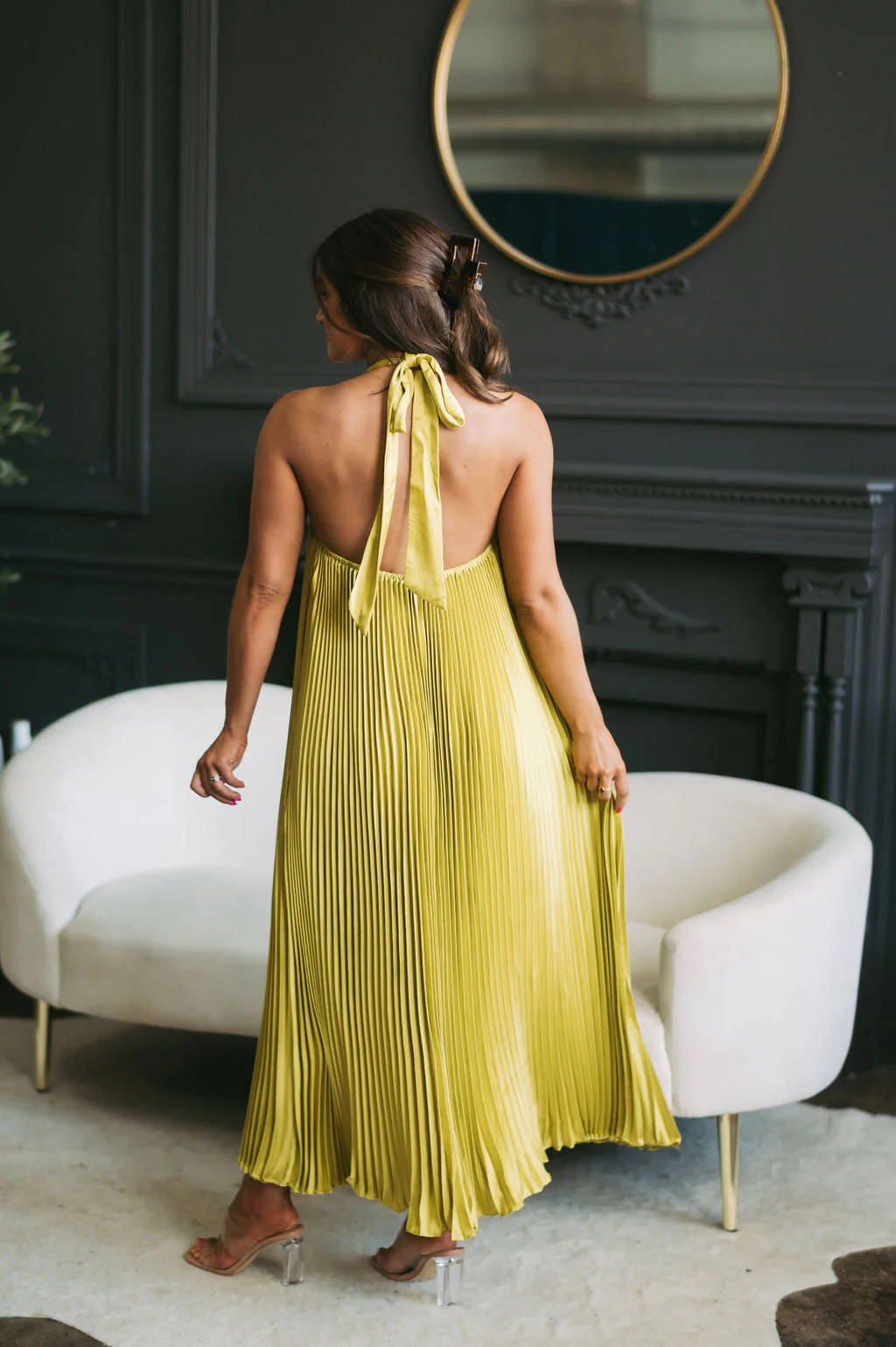 Halter Neck Pleated Midi Dress Chartreuse