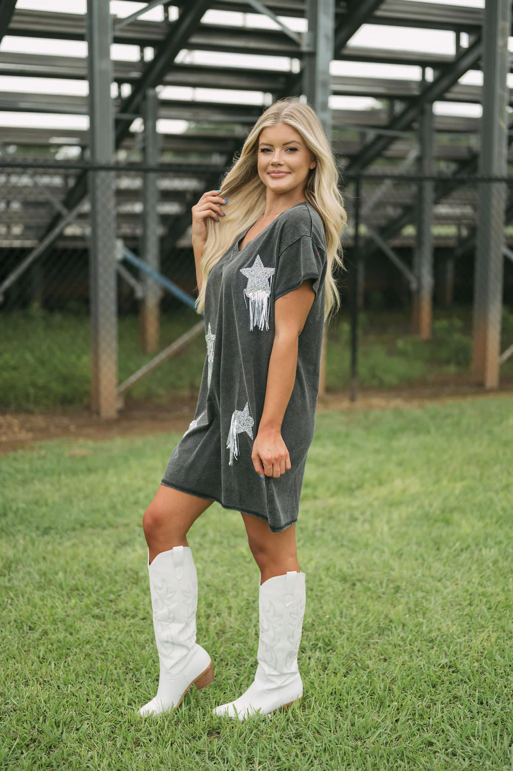 Star Embellished T-Shirt Dress-Washed Black