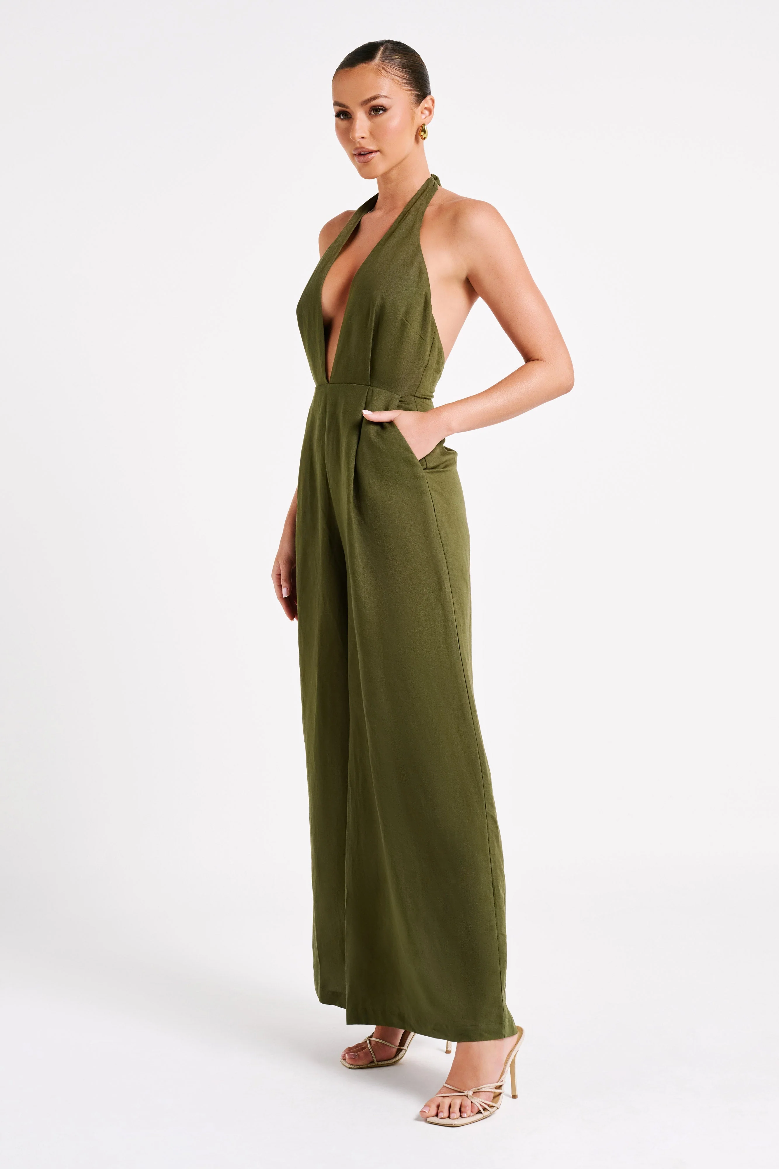 Blanca Linen Halter Jumpsuit - Khaki