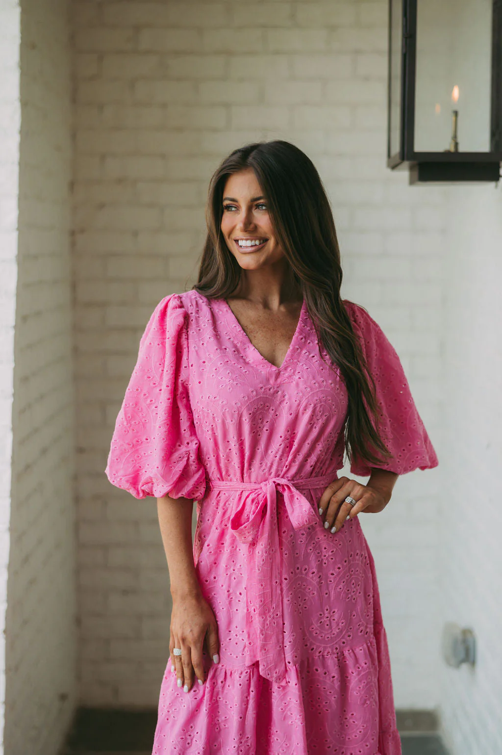 Eyelet Puff Sleeve Midi Dress