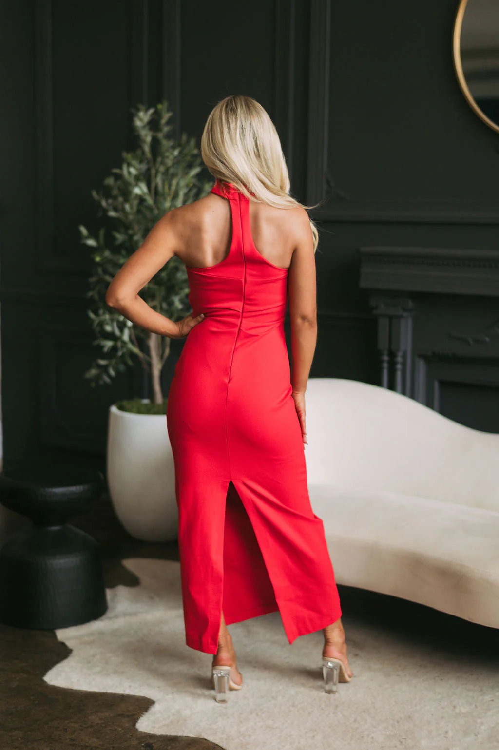 Mock Neck Fitted Midi Dress-Tomato Red