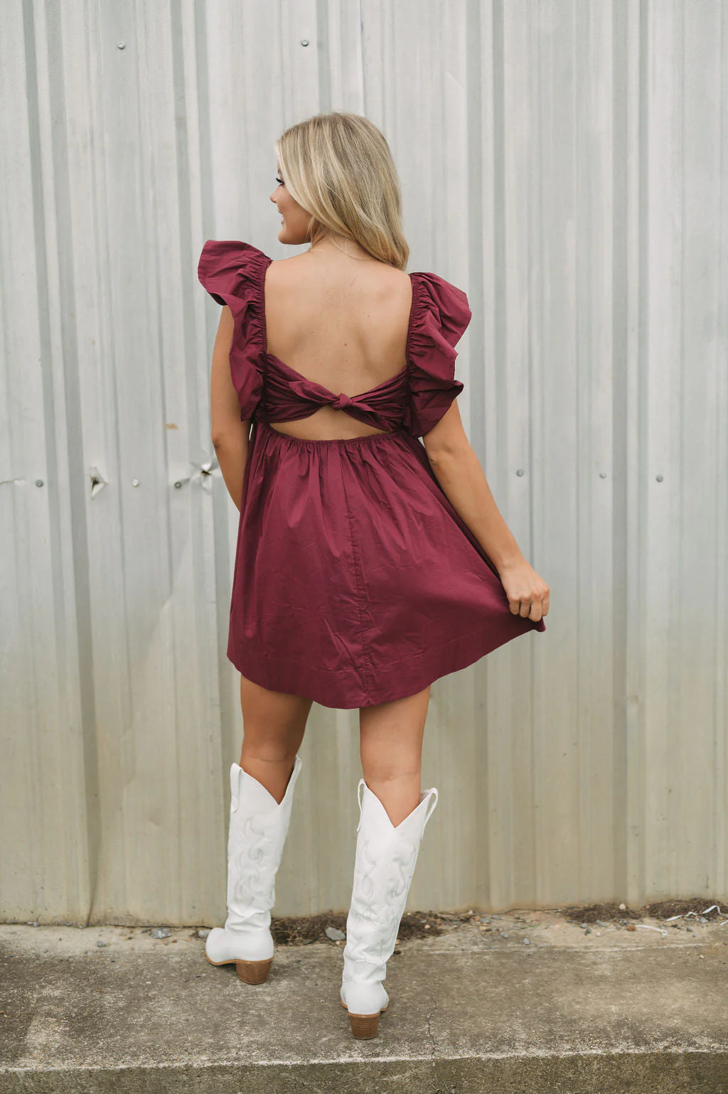 Tie Back Poplin Dress-Maroon