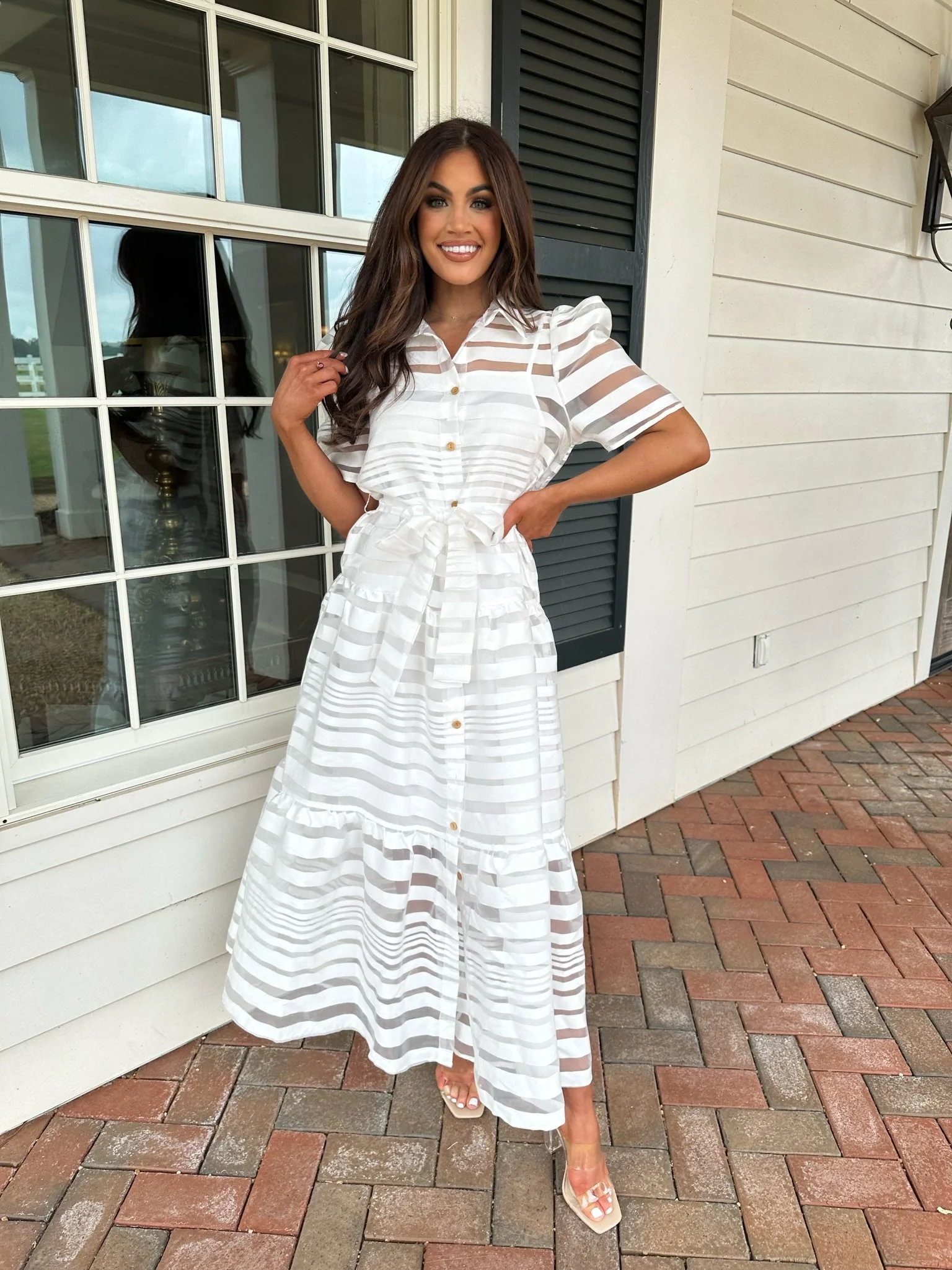 Sheer Striped Midi Dress White