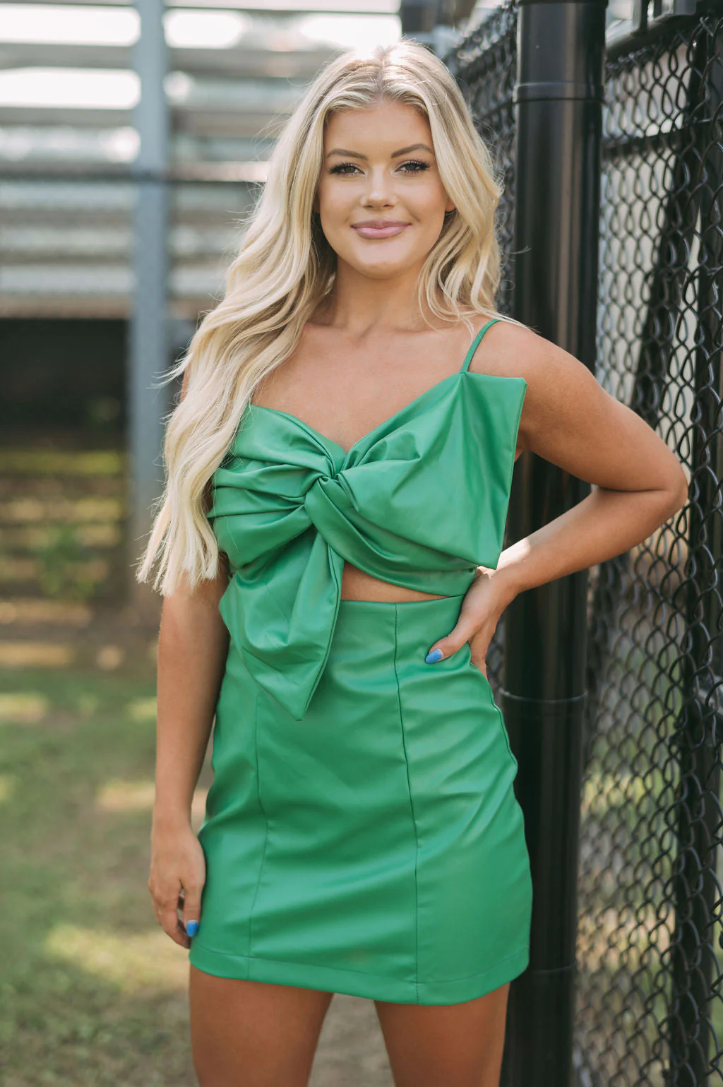 Faux Leather Bow DressGreen