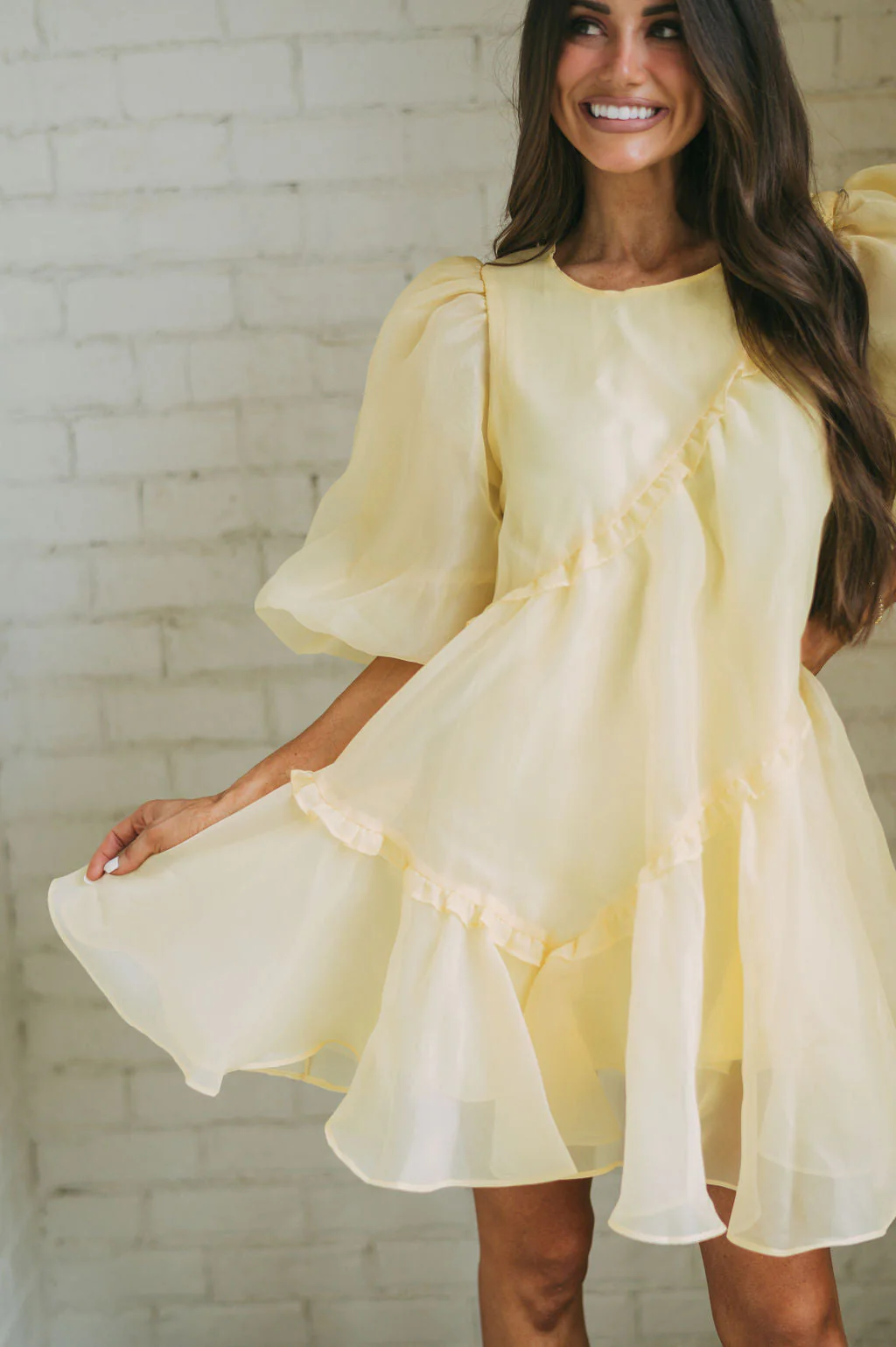 Organza Puff Sleeve Dress-Yellow