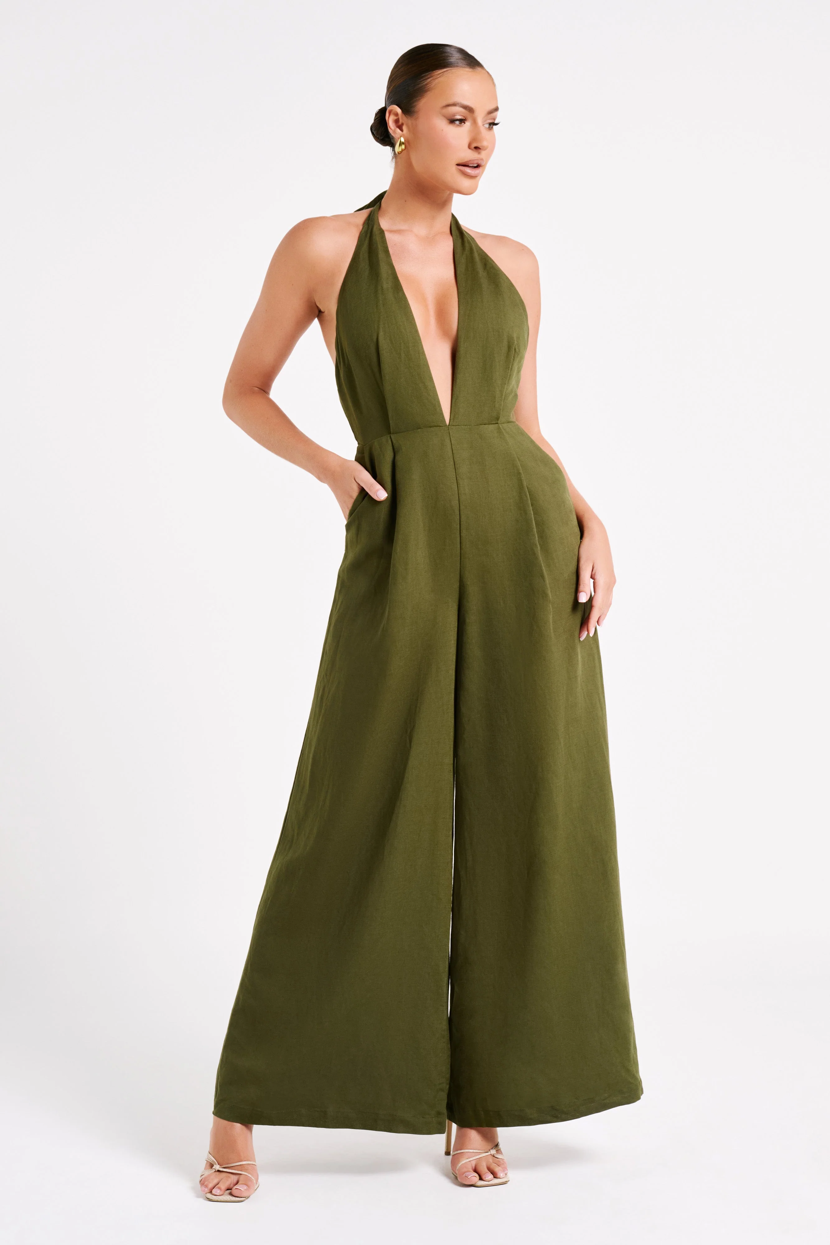 Blanca Linen Halter Jumpsuit - Khaki