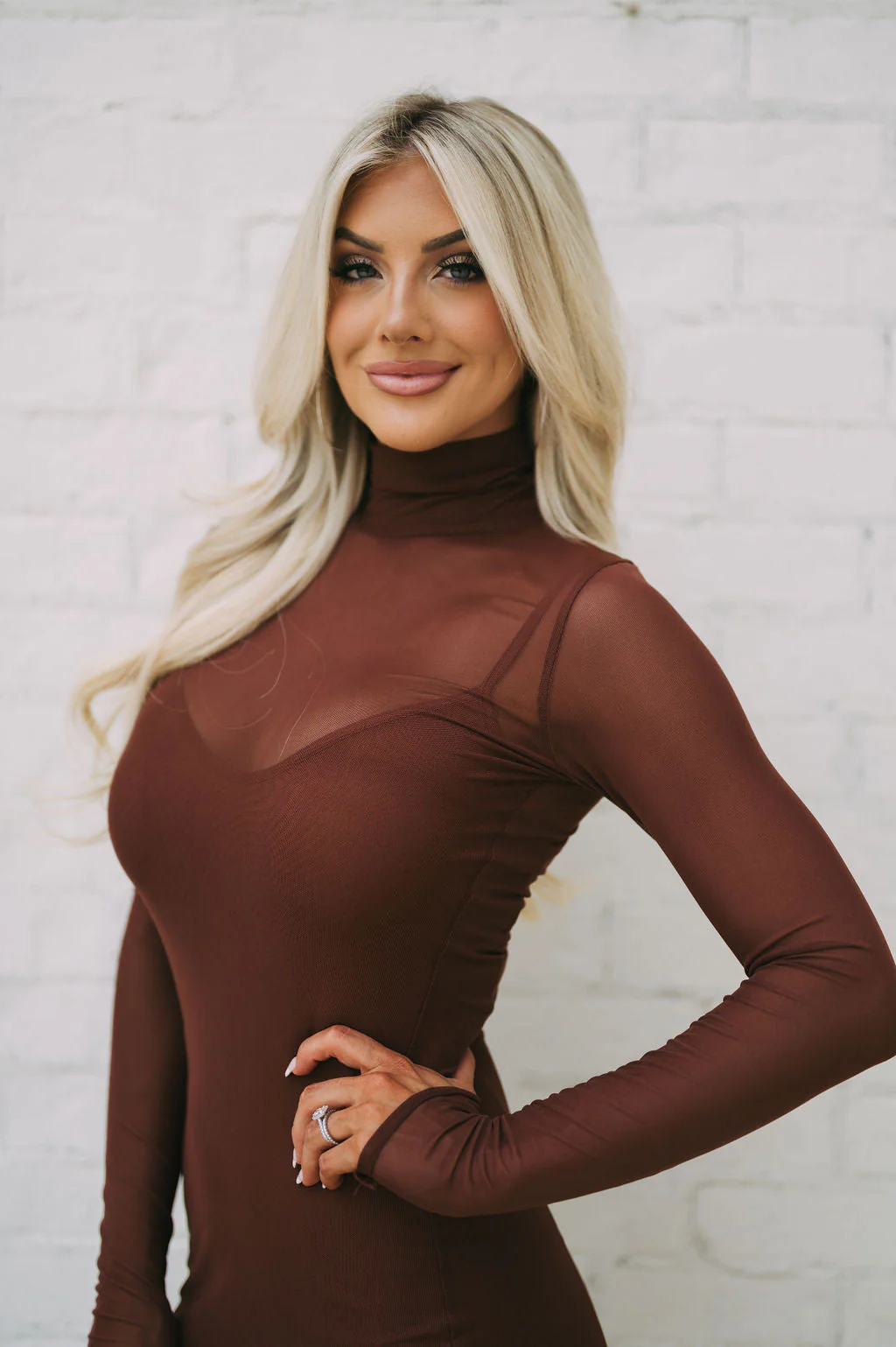 Mock Neck Mesh Midi Dress Brown