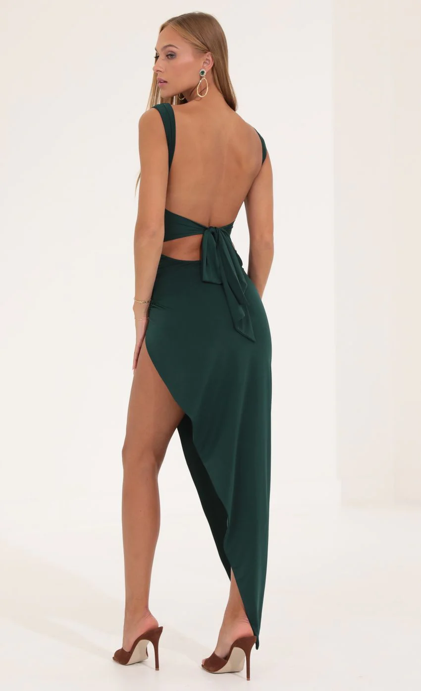 Ruched Side Slit Maxi Dress in Green