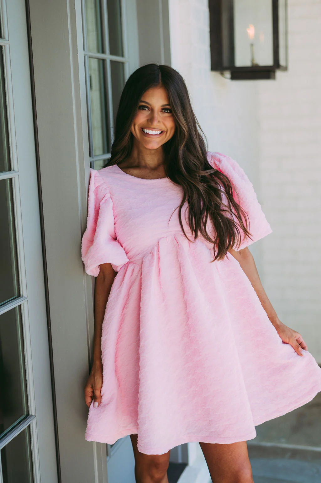 Textured Puff Sleeve Babydoll Dress-Pink