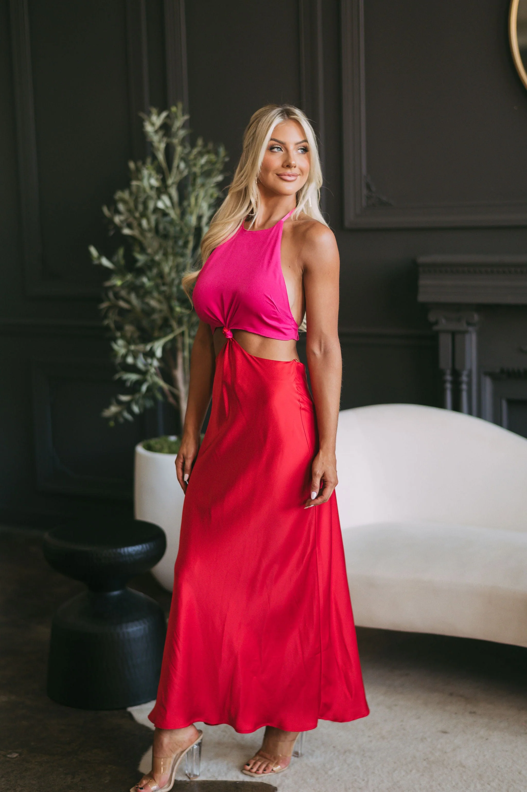 Satin Colorblock Maxi Dress Pink/Red