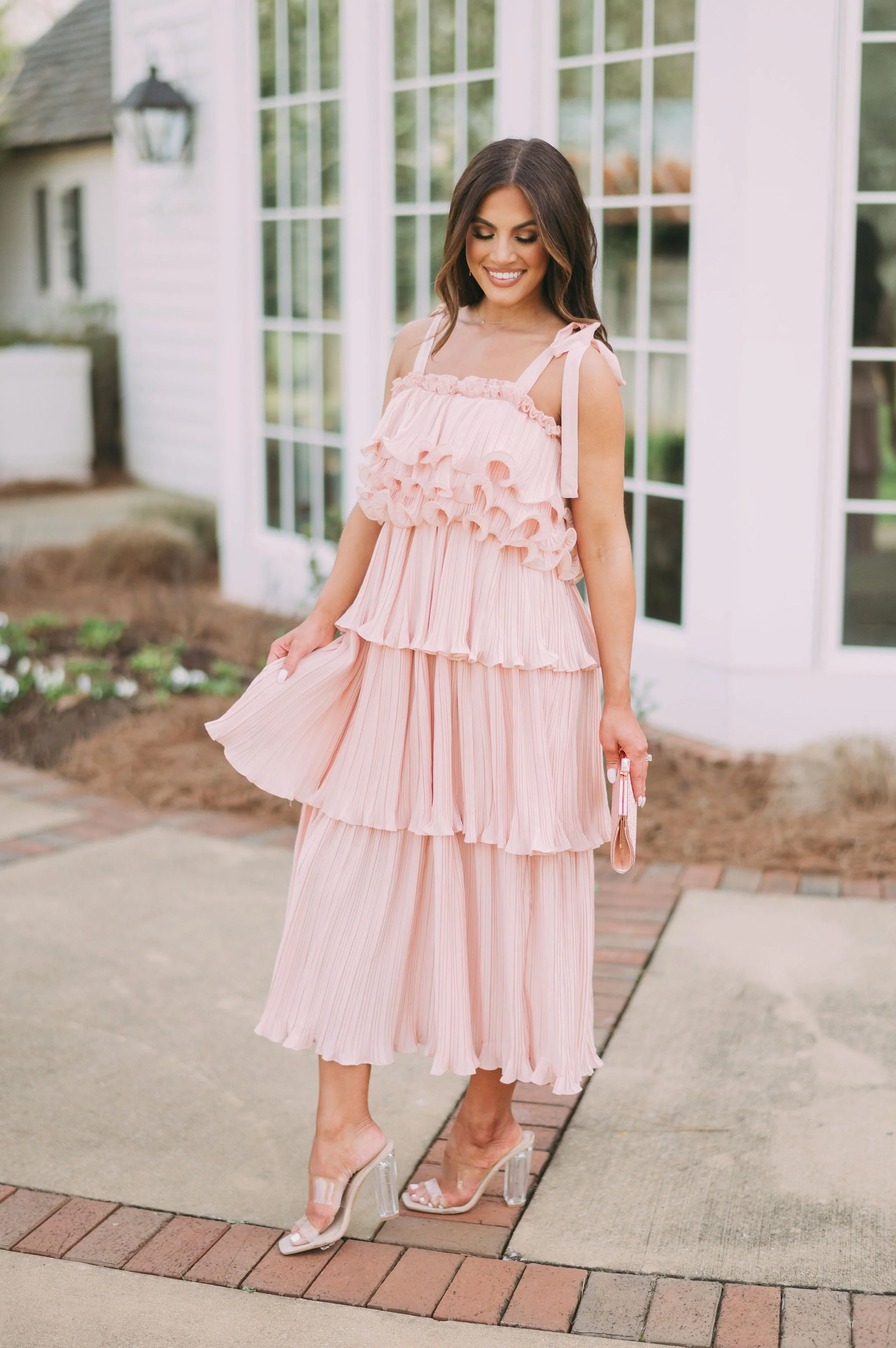 Shoulder Tie Tiered Ruffle DressPeach