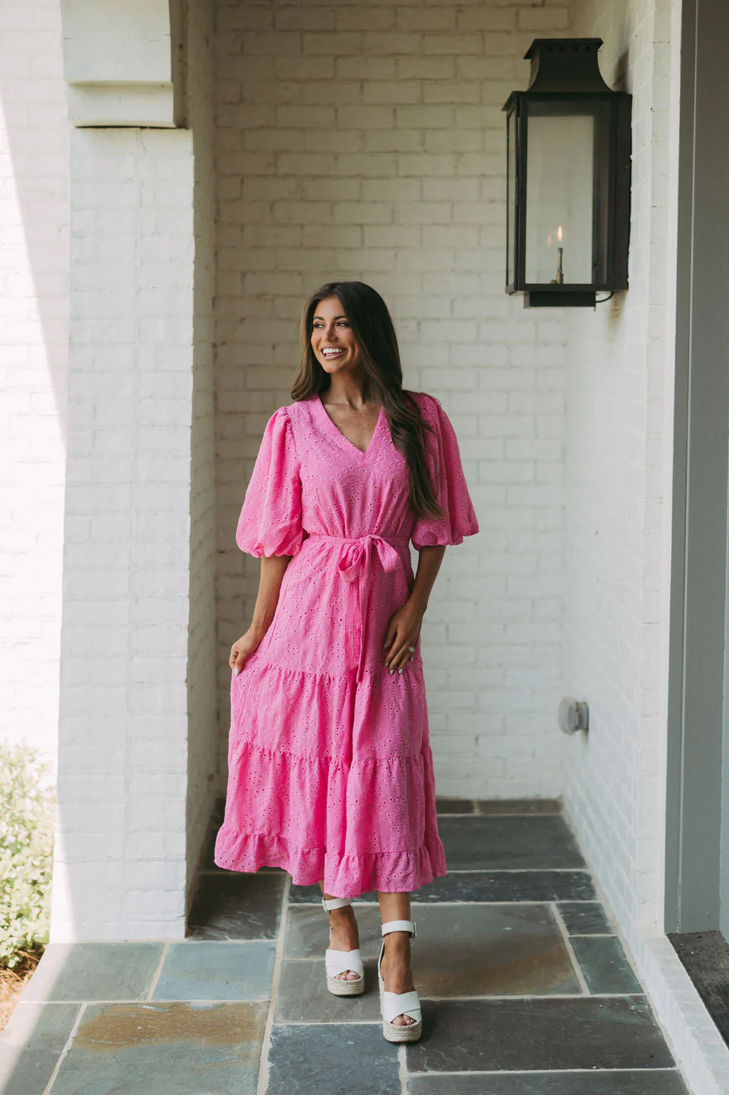 Eyelet Puff Sleeve Midi Dress