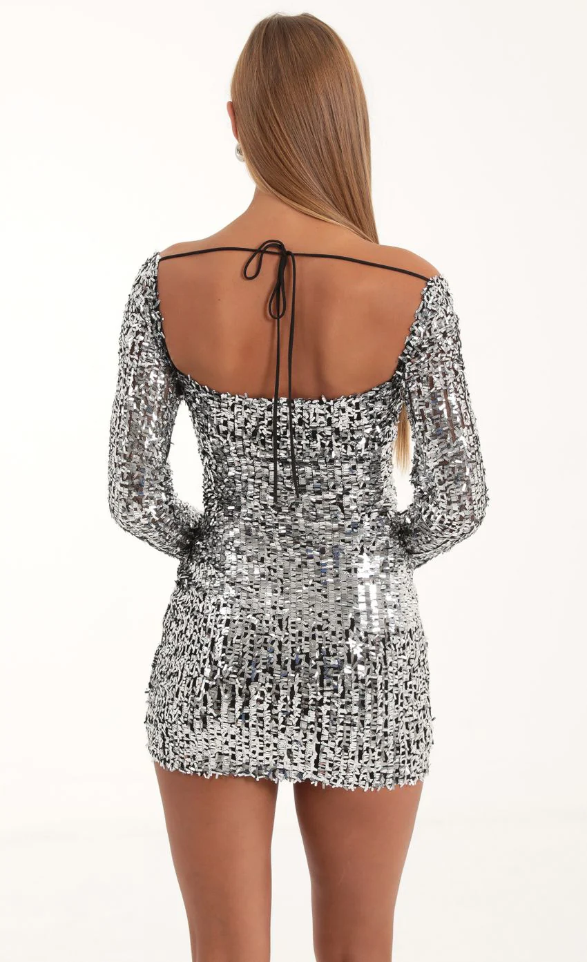 Sequin Mesh Long Sleeve Dress in Silver