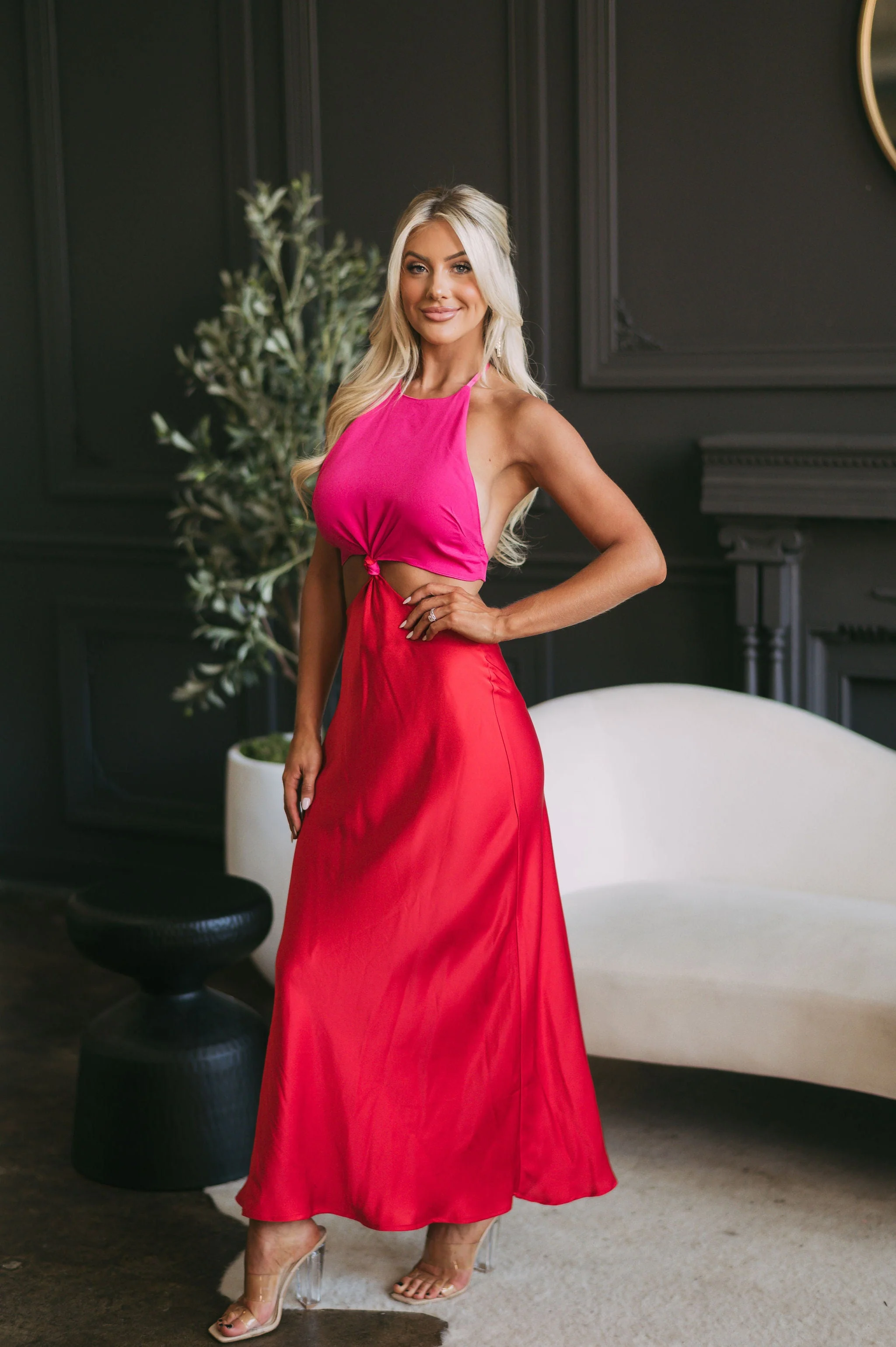 Satin Colorblock Maxi Dress Pink/Red