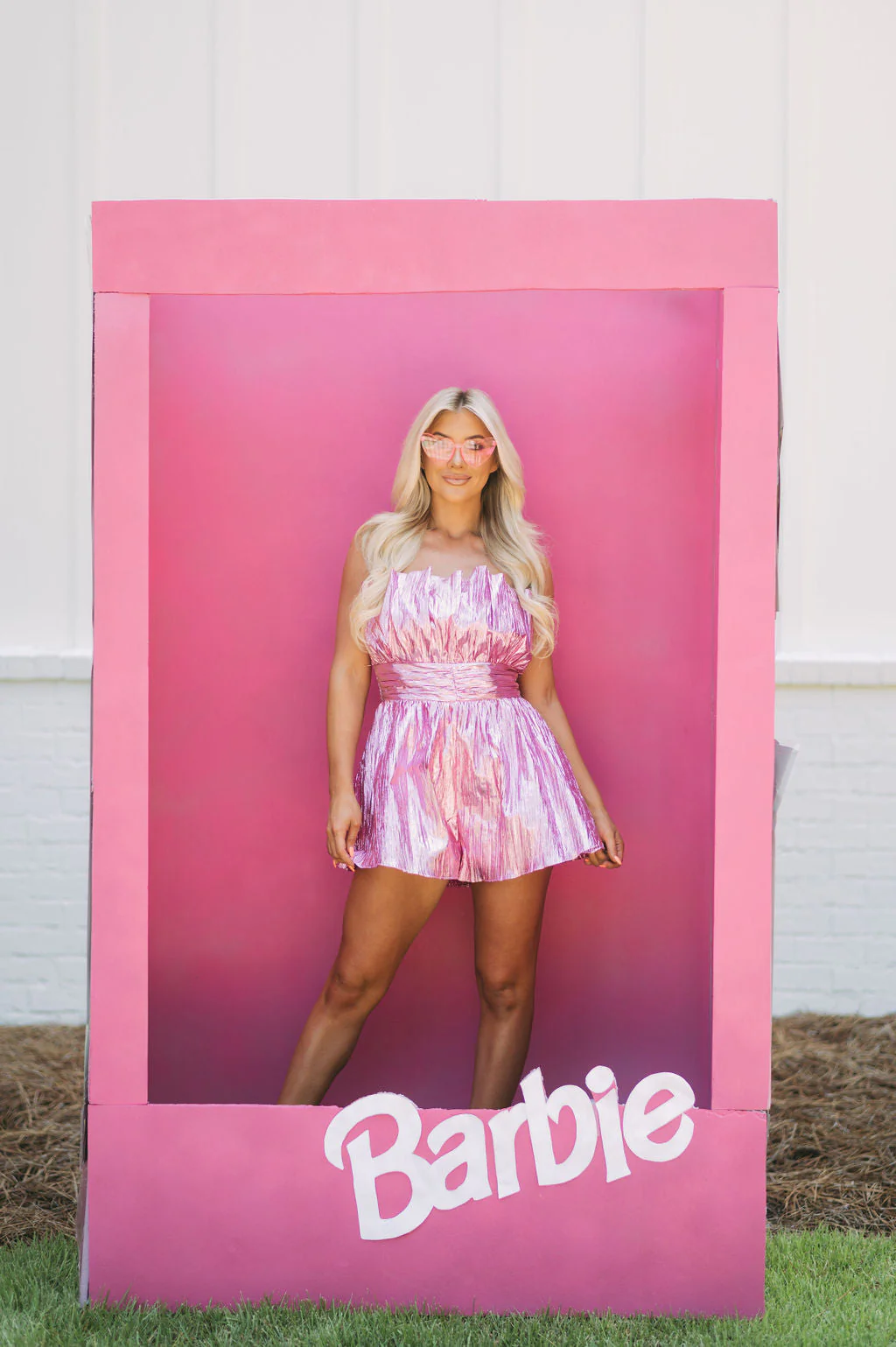 Pleated Metallic Strapless Romper Pink