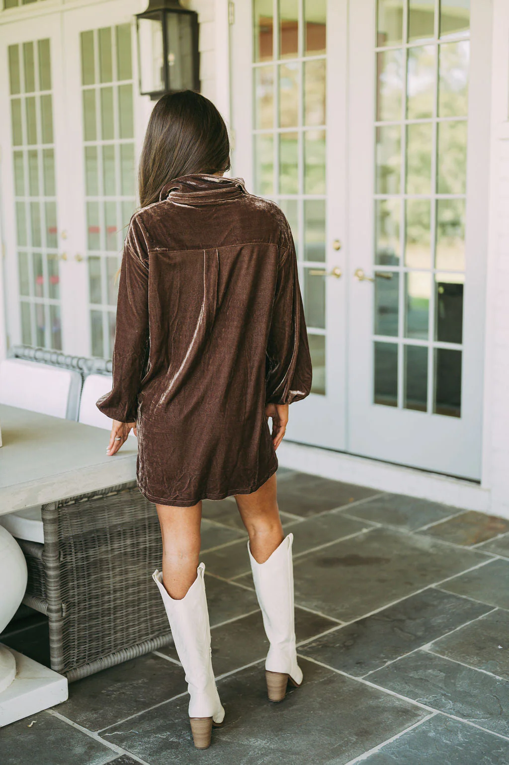 Velvet Button Down Dress-Brown