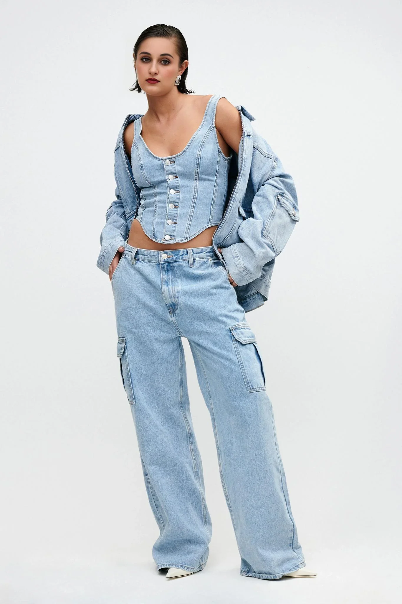 Leilani Corset Denim Top - Mid Blue