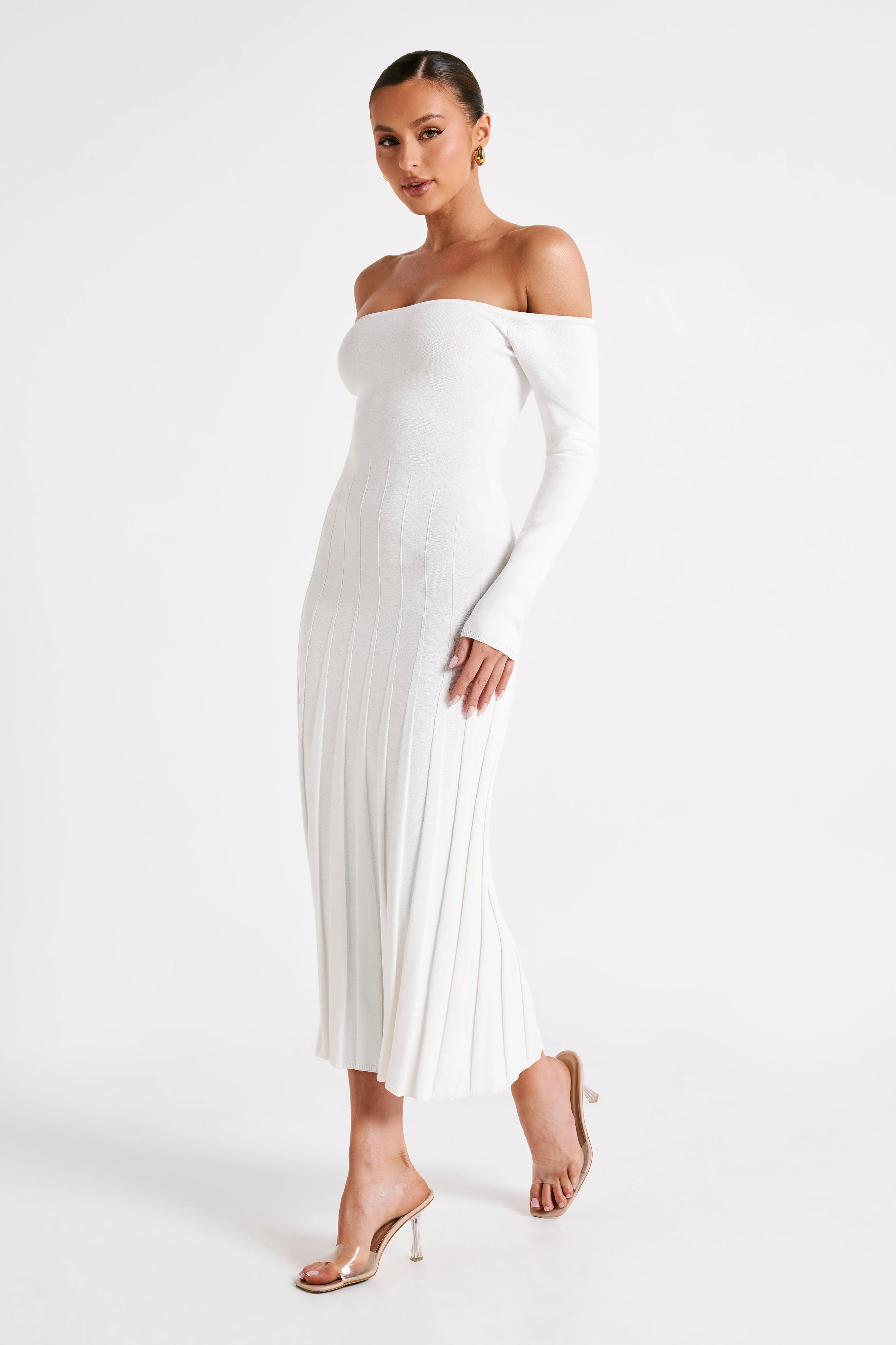 Emmeline Long Sleeve Rib Knit Midi Dress - White