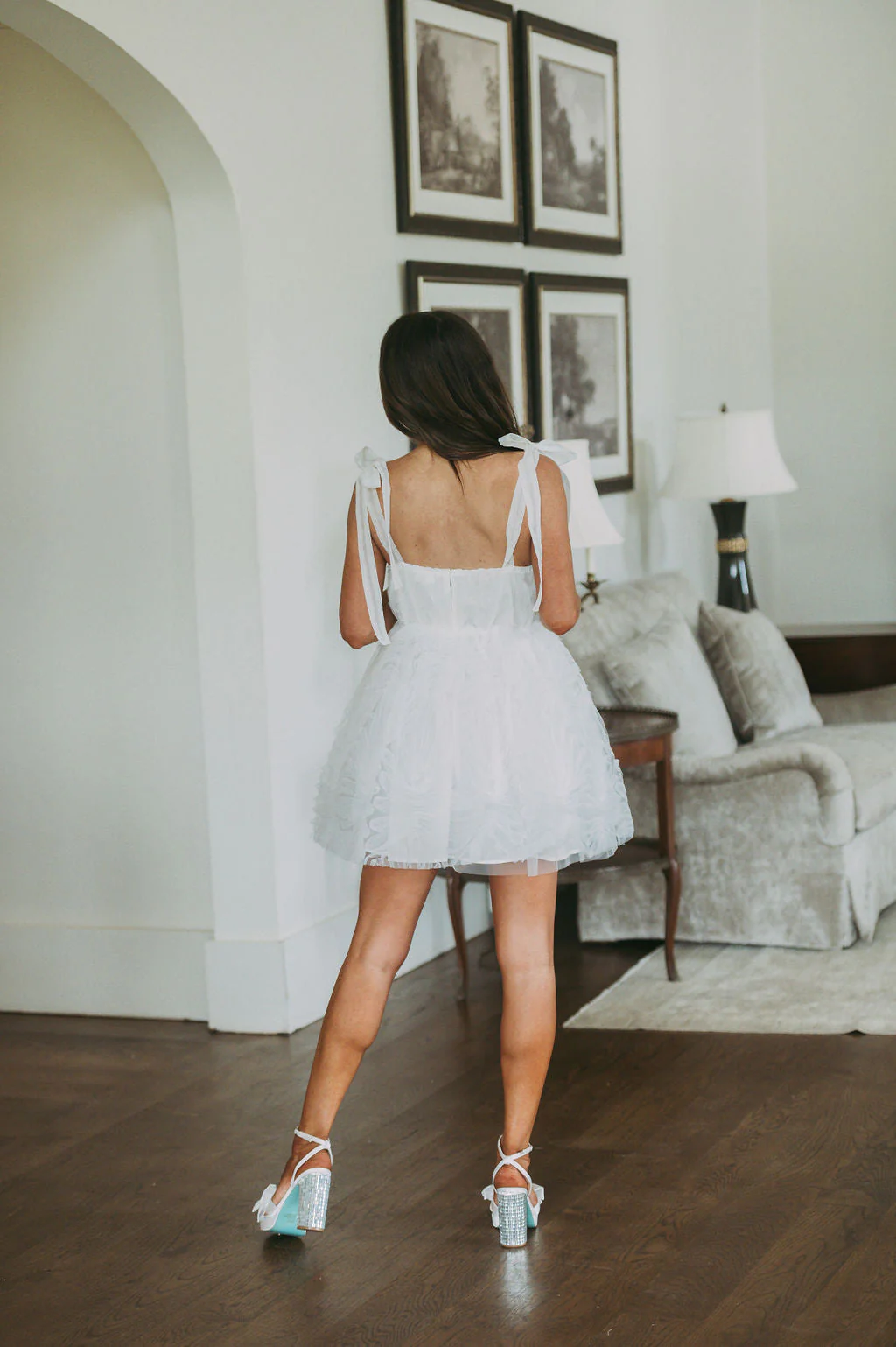 Textured Shoulder Tie Dress-White