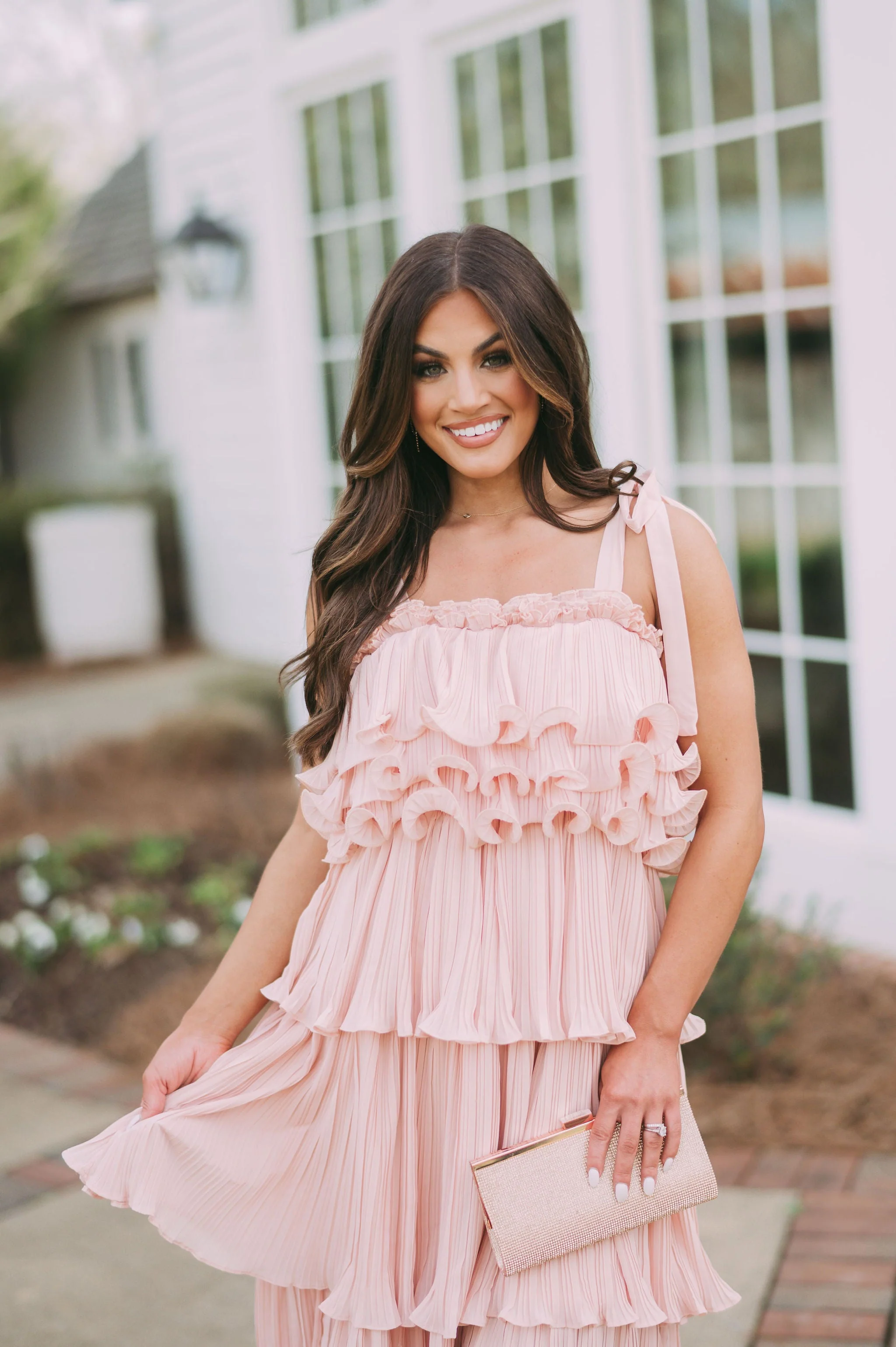 Shoulder Tie Tiered Ruffle DressPeach