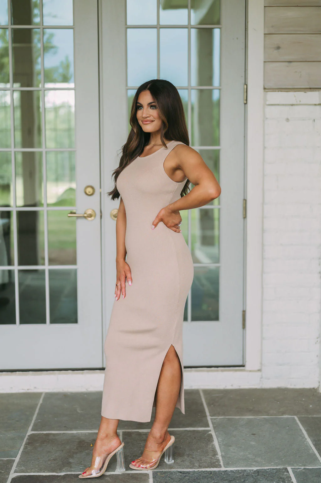 Side Slit Midi Dress Beige