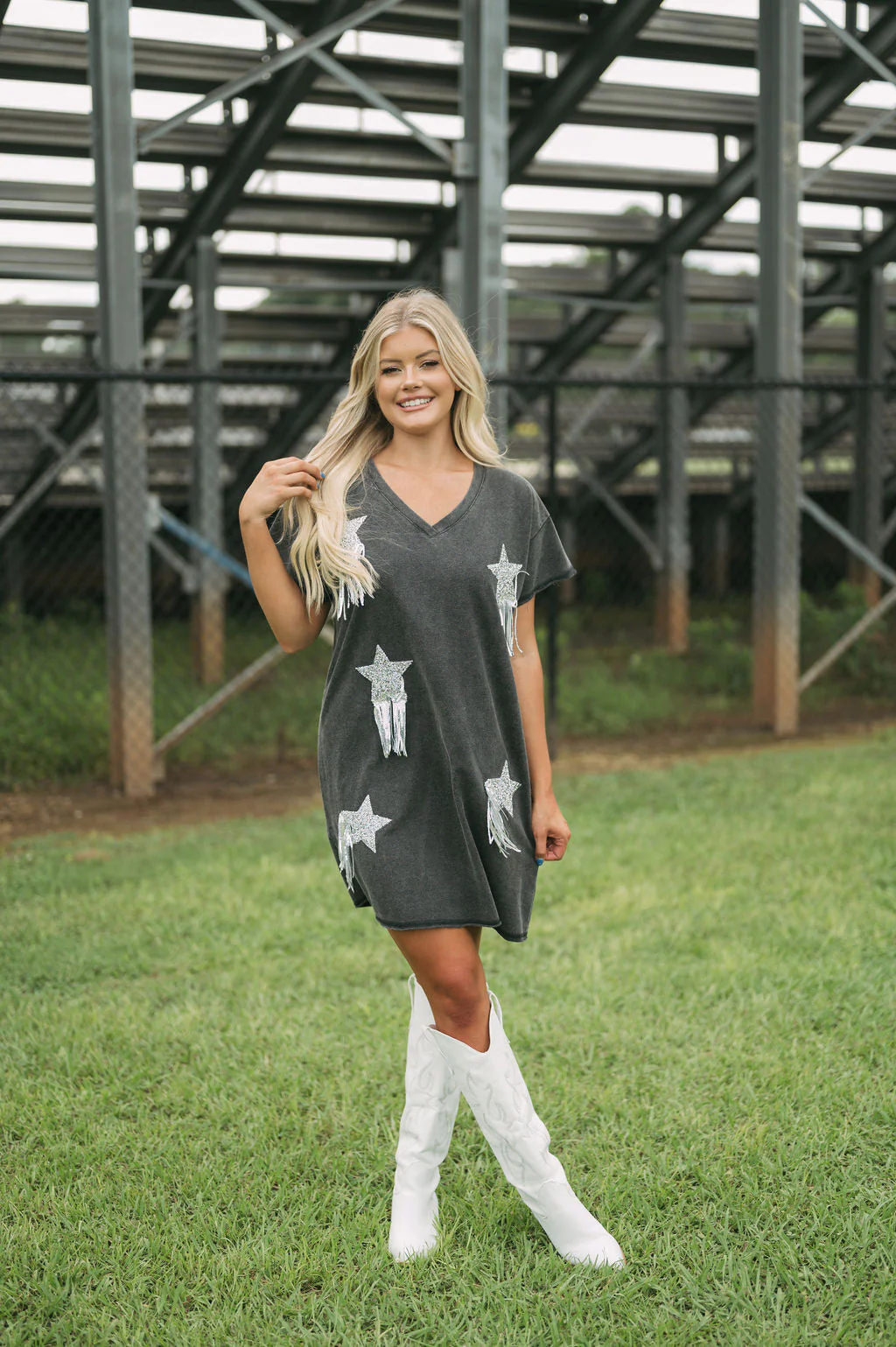 Star Embellished T-Shirt Dress-Washed Black