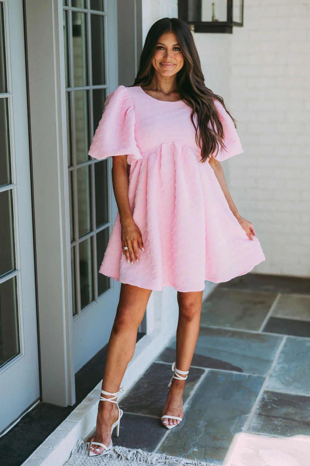 Textured Puff Sleeve Babydoll Dress-Pink