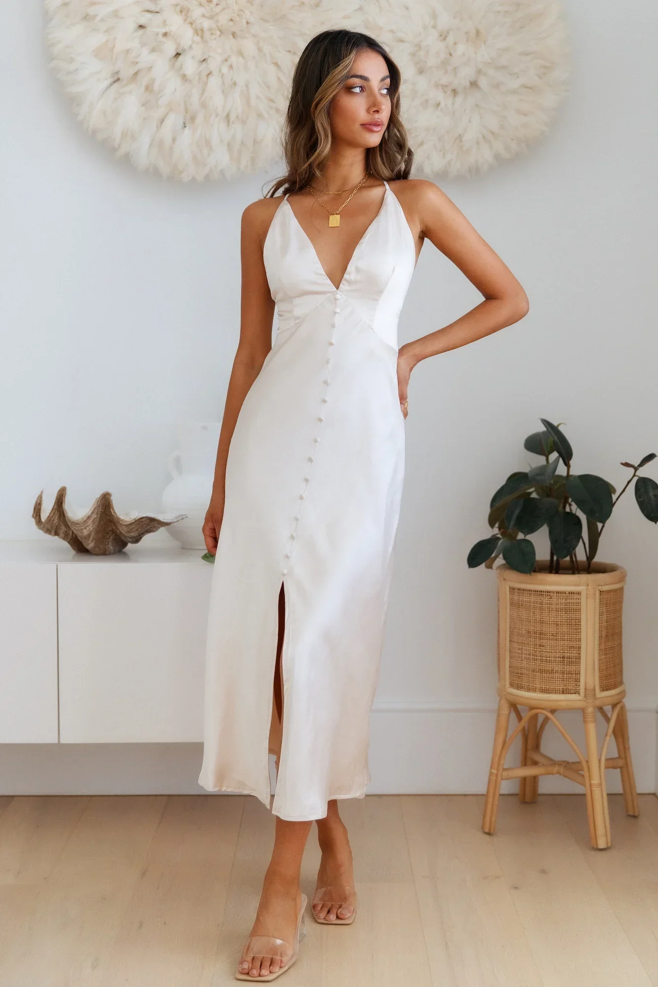 Sleek Night Satin Midi Dress Champagne