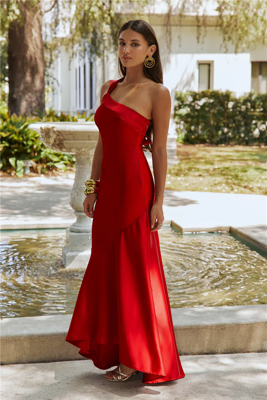 Romantic Affair Satin One Shoulder Maxi Dress Maroon
