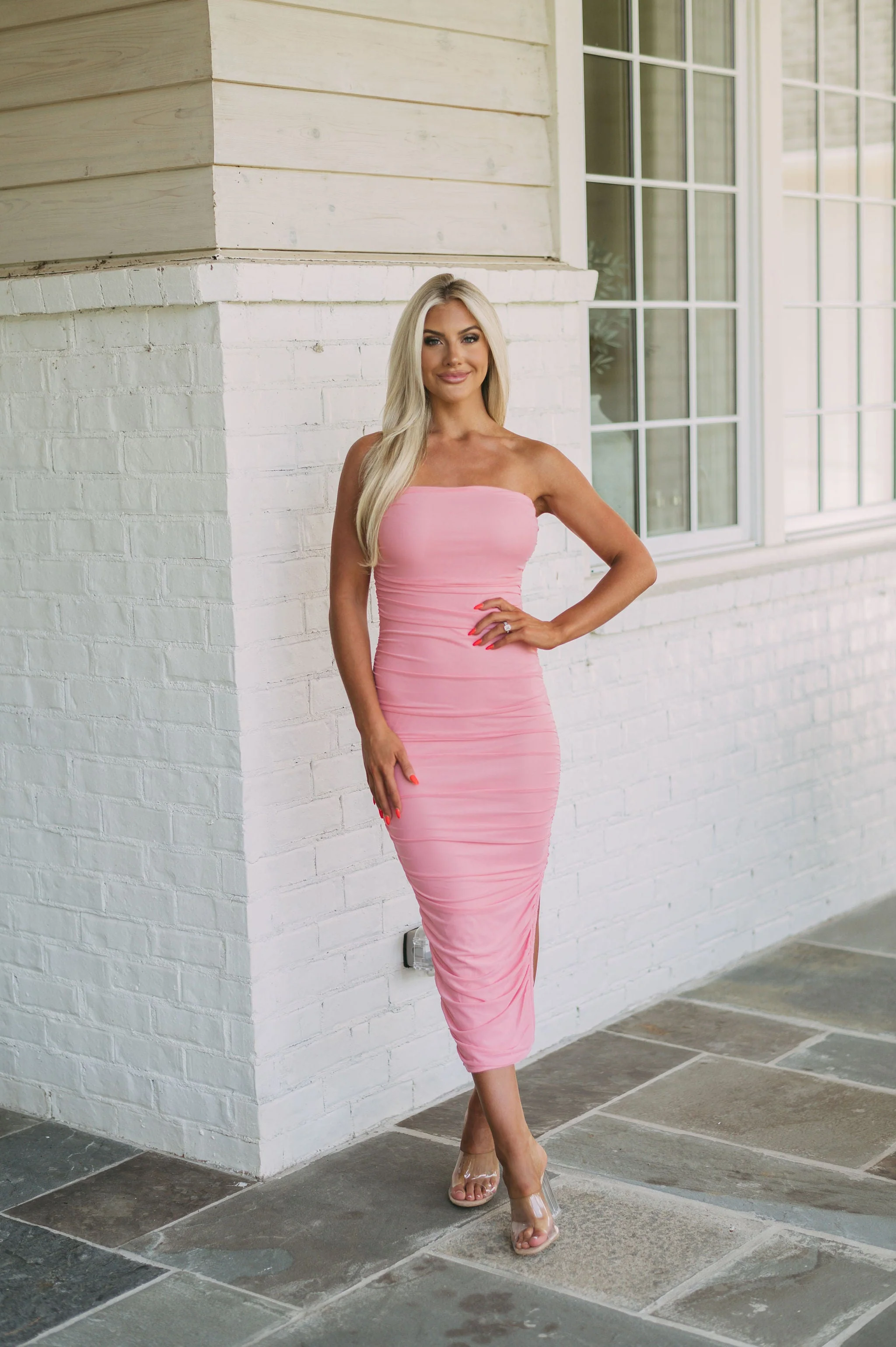 Strapless Ruched Midi Dress Mauve