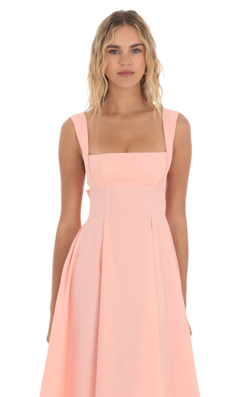 Square Neck Flare Midi Dress in Pink