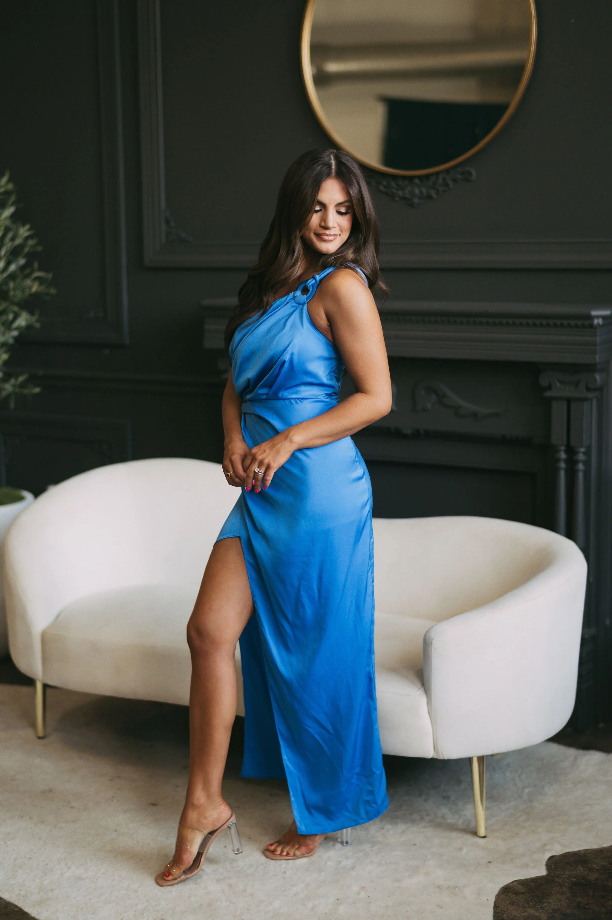 O-Ring Strap Midi Dress-Blue