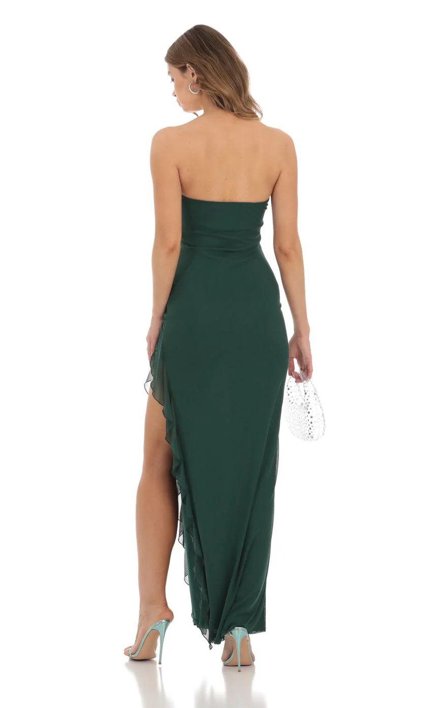 Mesh Ruffle Slit Dress in Green