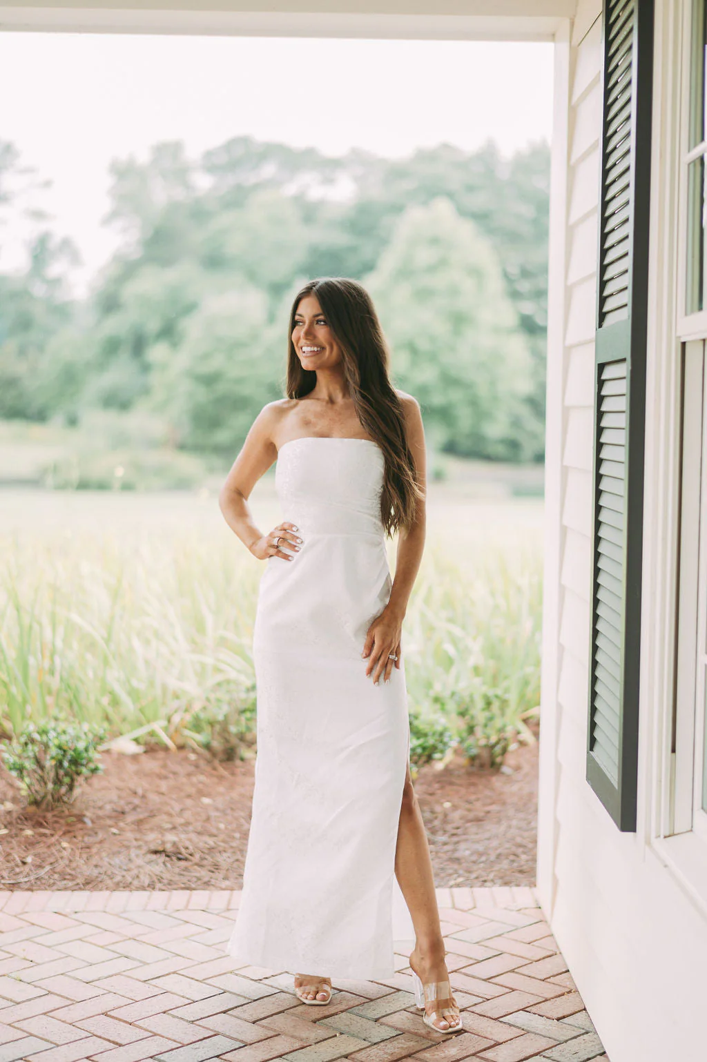 Strapless Jacquard Slit Dress White