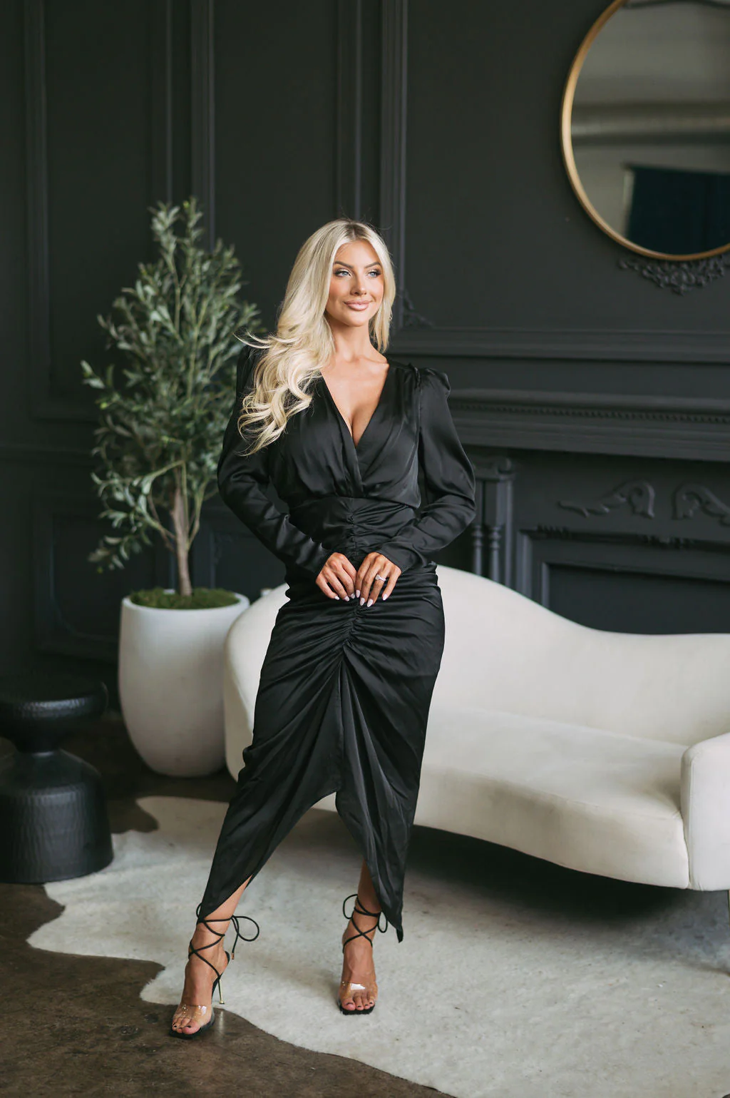 Shoulder Padded Plunge Neck Midi Dress