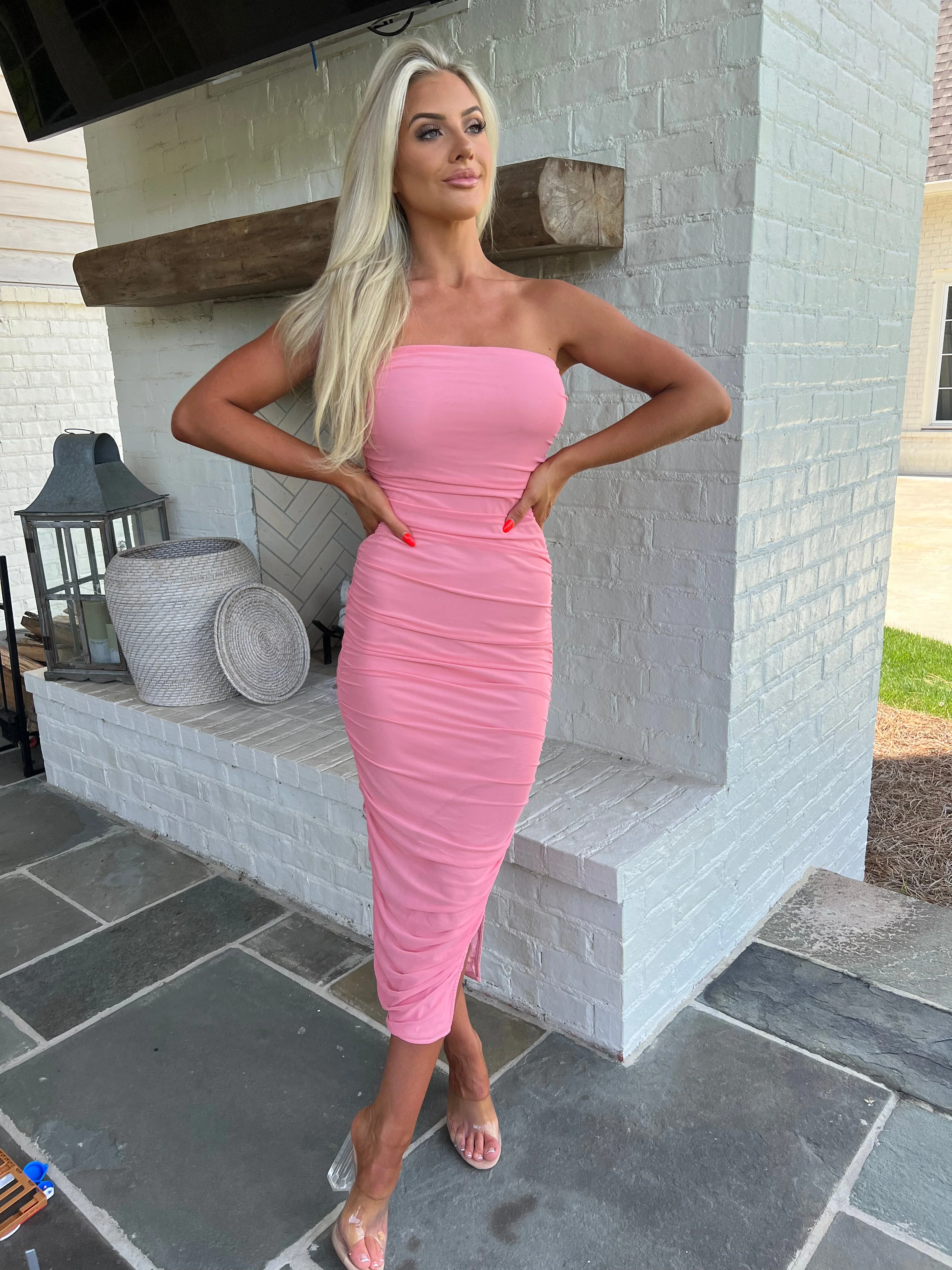 Strapless Ruched Midi Dress Mauve