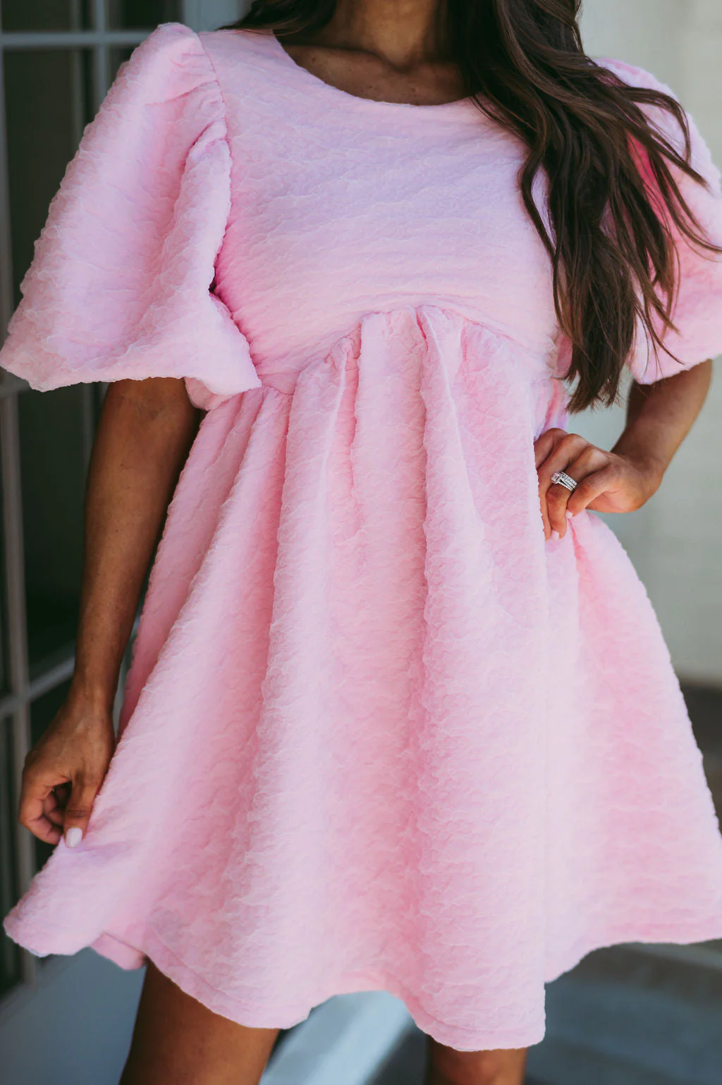 Textured Puff Sleeve Babydoll Dress-Pink