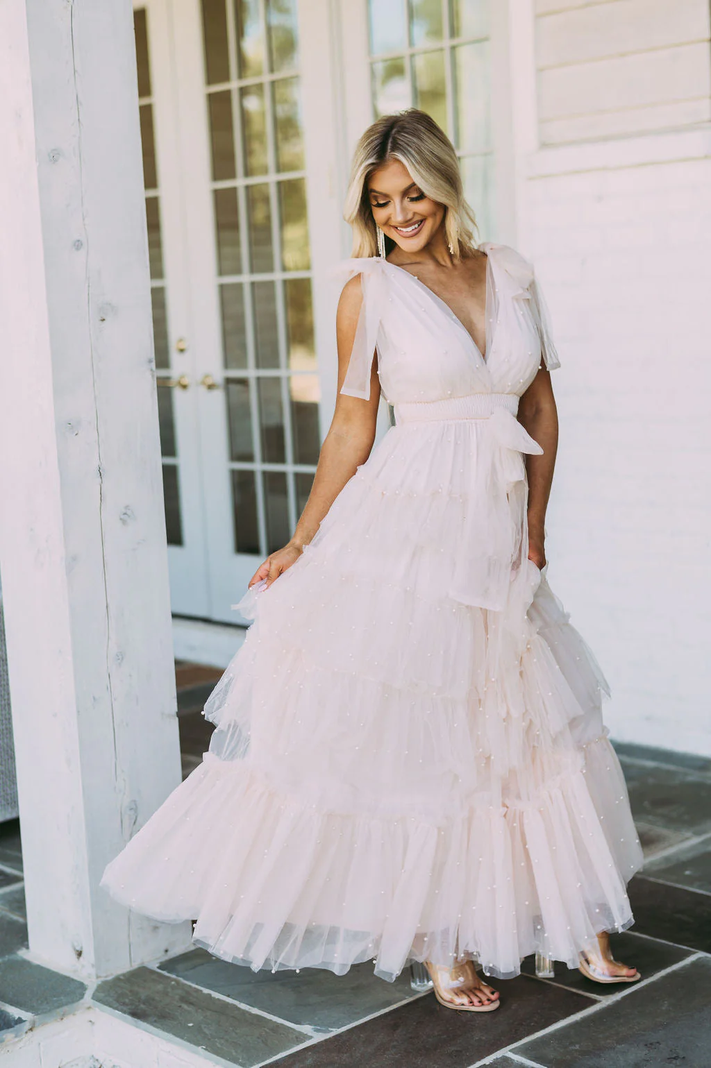 Pearl Accented Mesh Maxi Dress