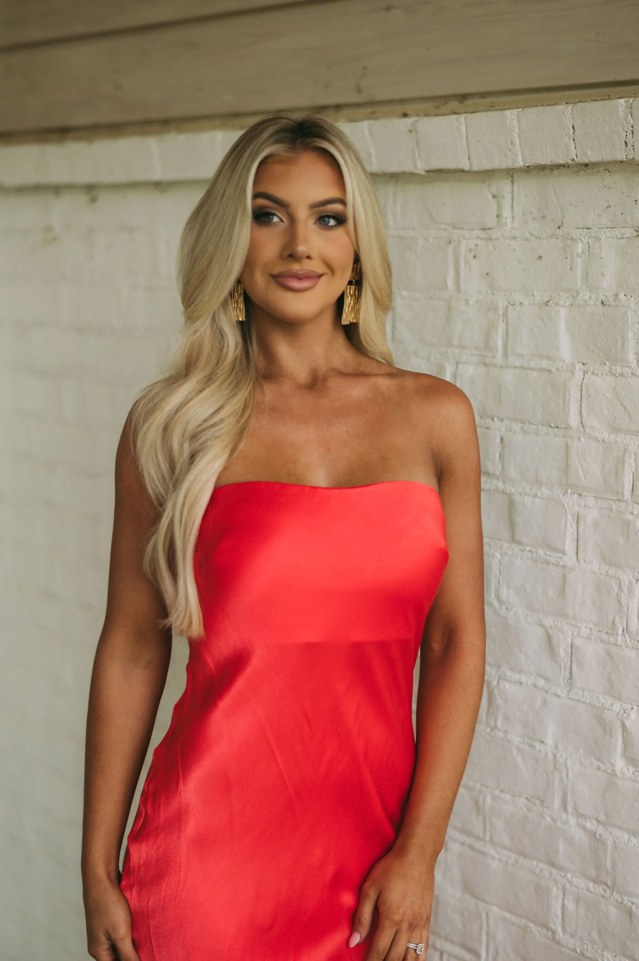 Satin Strapless Midi DressCoral Red