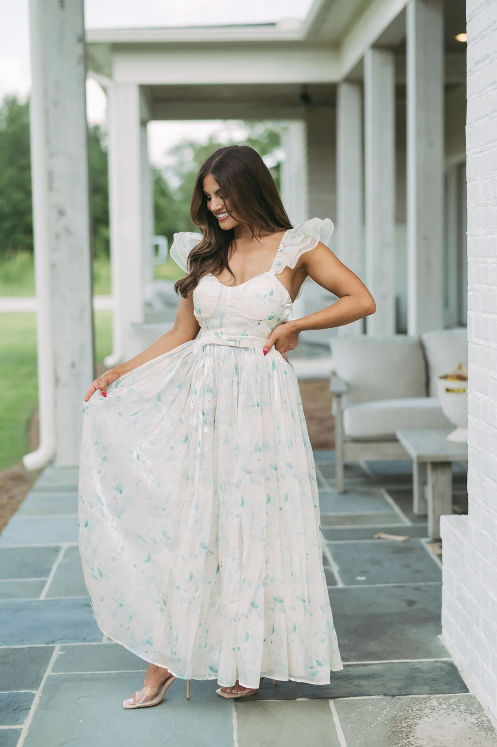 Organza Floral Maxi Dress-Cream/Green