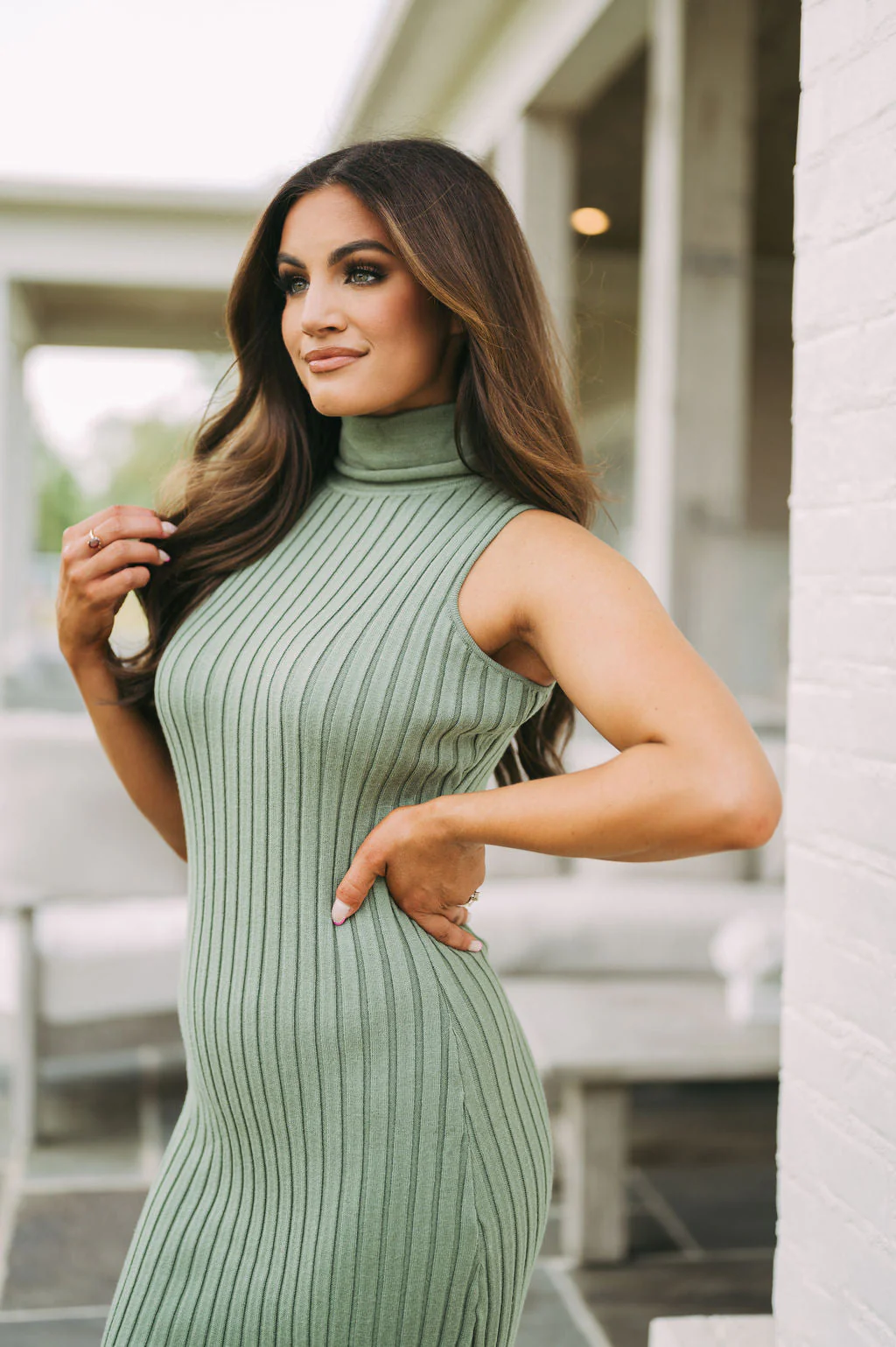Sleeveless Ribbed Midi Dress-Sage