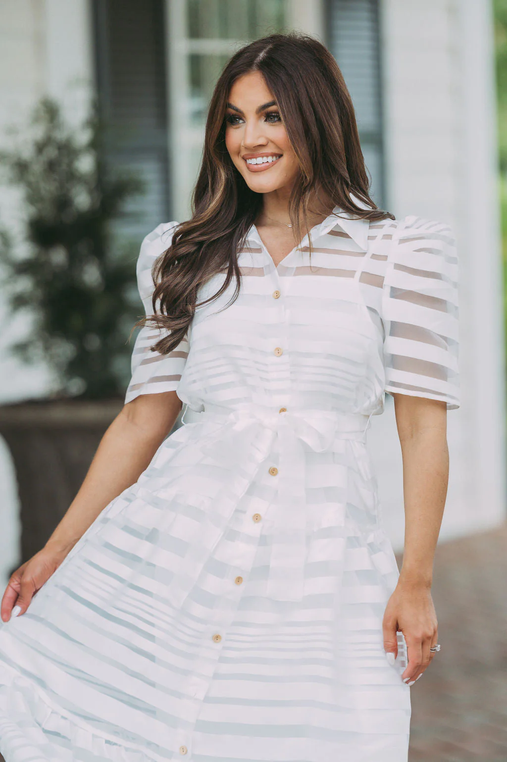 Sheer Striped Midi Dress White