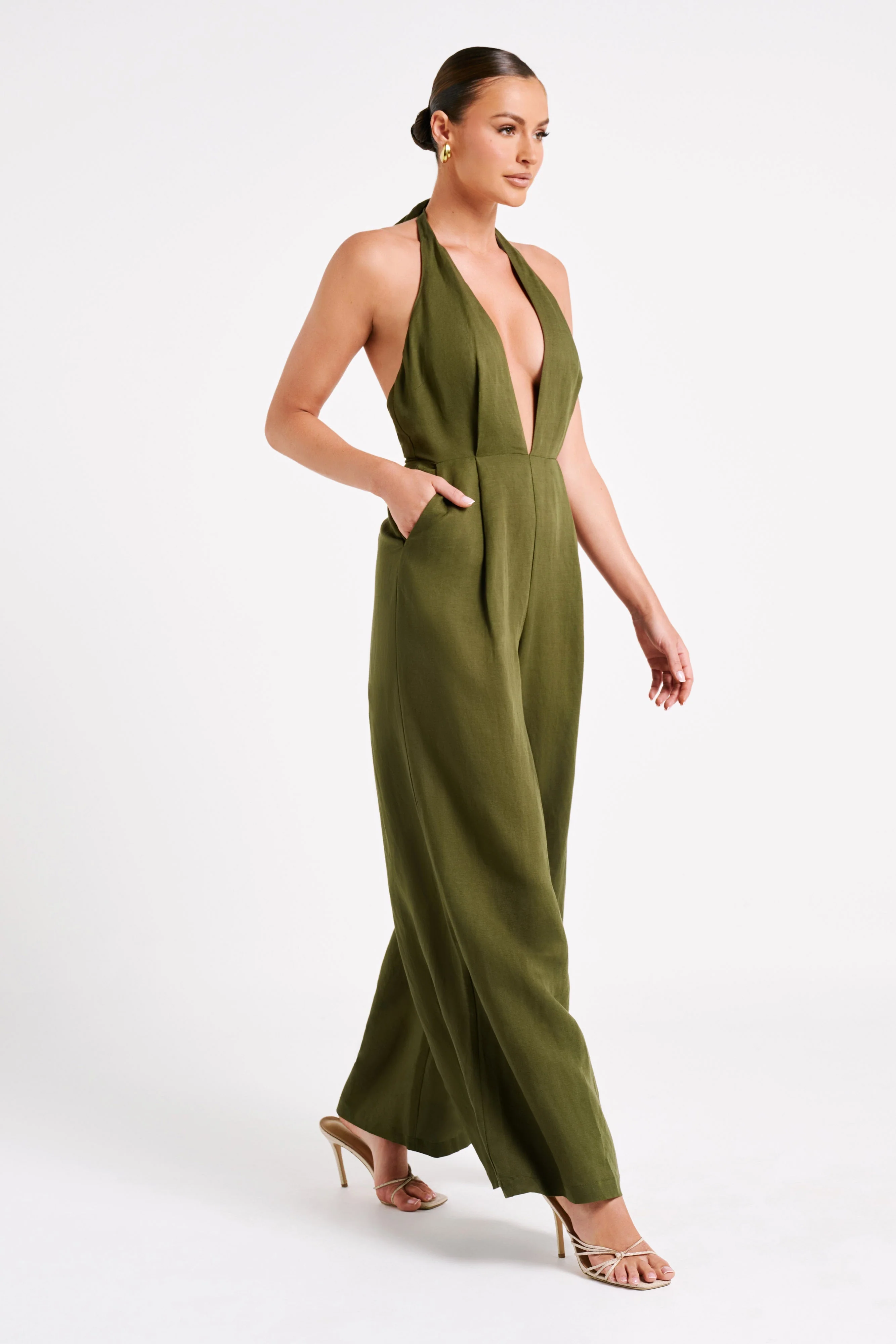 Blanca Linen Halter Jumpsuit - Khaki