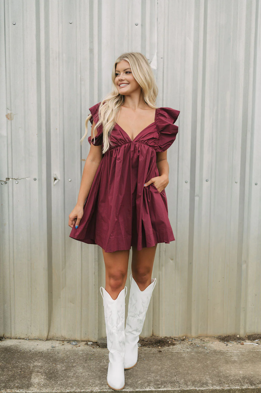 Tie Back Poplin Dress-Maroon
