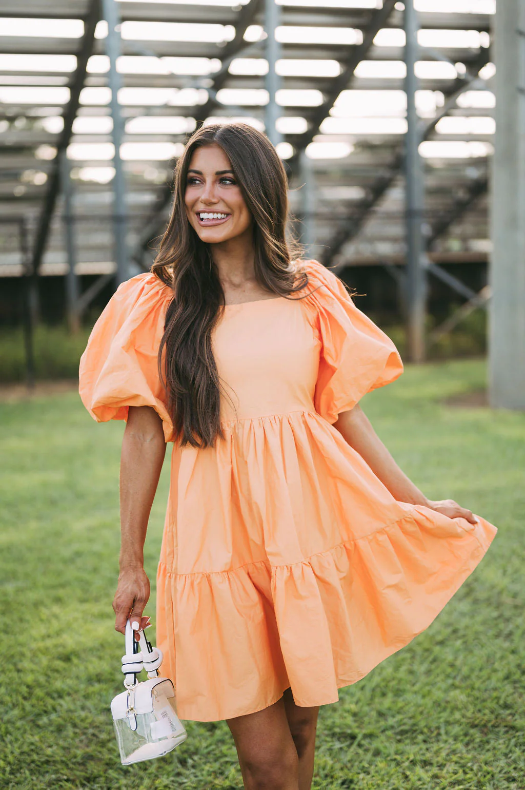 Janie Puff Sleeve Dress-Orange