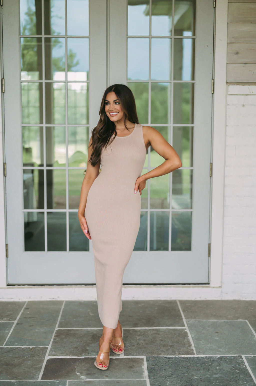 Side Slit Midi Dress Beige